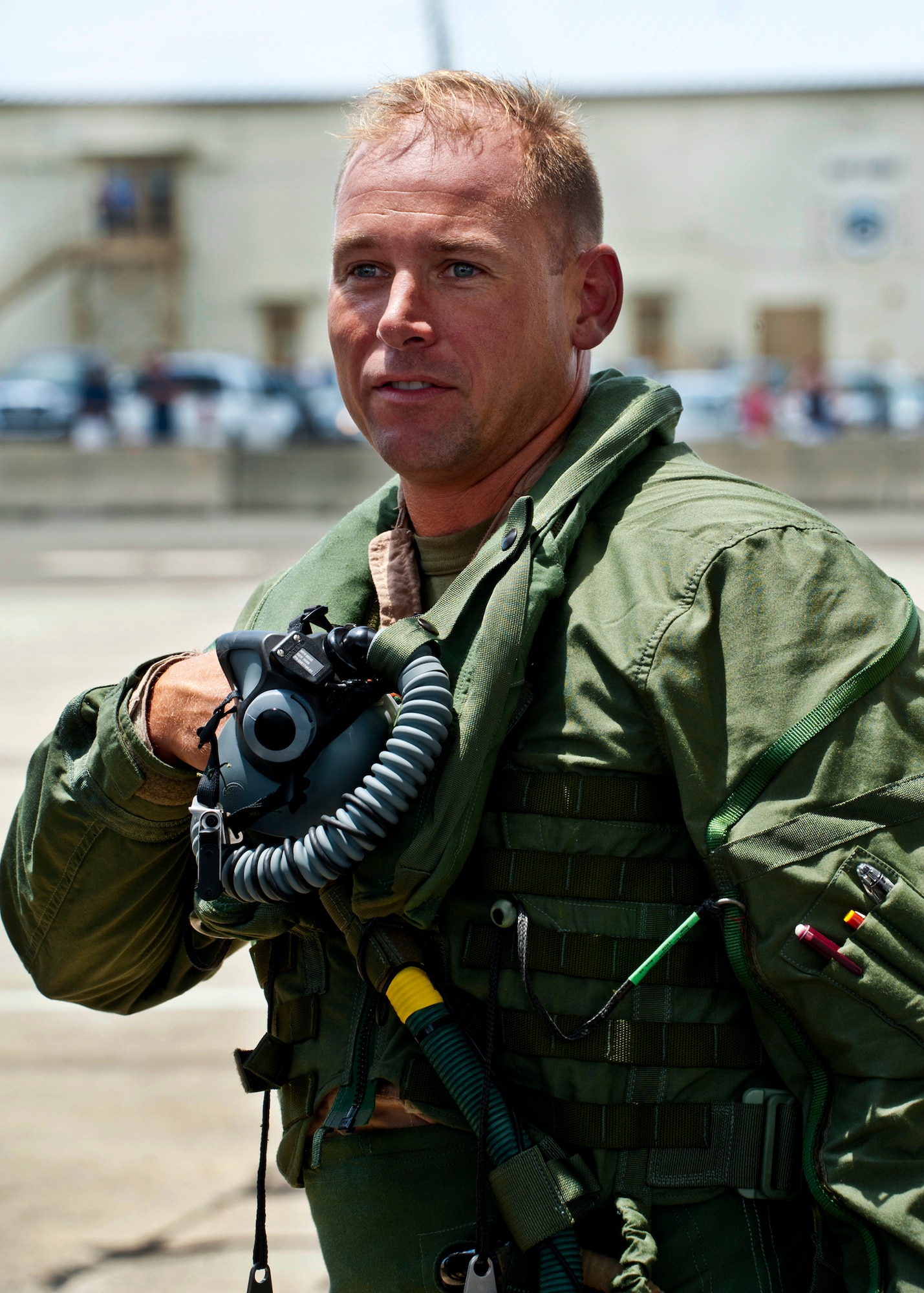 Marine Maj. Joseph Bachmann, of the 33rd Operations Group, relaxes after delivering the newest F-35 Lightning II joint strike fighter to its home at Eglin Air Force Base, Fla., July 20.  Bachmann is the first Marine pilot to be JSF certified. Aircraft AF-8 is the flagship for the 58th Fighter Squadron.  (U.S. Air Force photo/Samuel King Jr.)