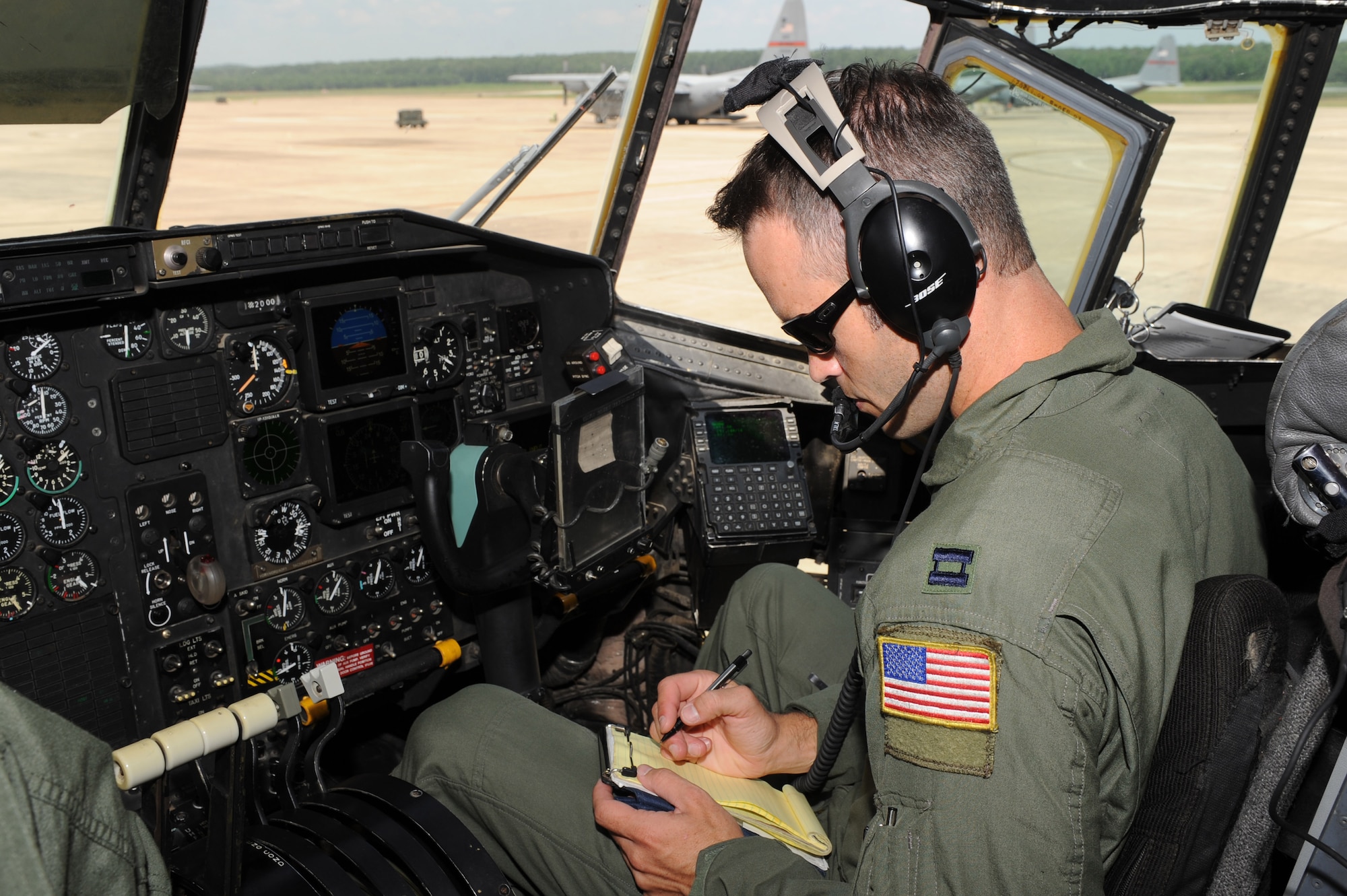Capt. Matthew Niblett, a 61st Airlift Squadron RODEO team co-pilot, performs preflight system and instrument checks on a C-130H3 Hercules cargo plane, July 15, 2011, at Little Rock Air Force Base, Ark. Capt. Niblett is currently training with the 19th Operations Group RODEO team to compete in the Air Mobility Command RODEO 2011, held at McChord Field on Joint Base Lewis-McChord, Wash., from July 24 to July 29. (U.S. Air Force photo by Tech. Sgt. Chad Chisholm)
