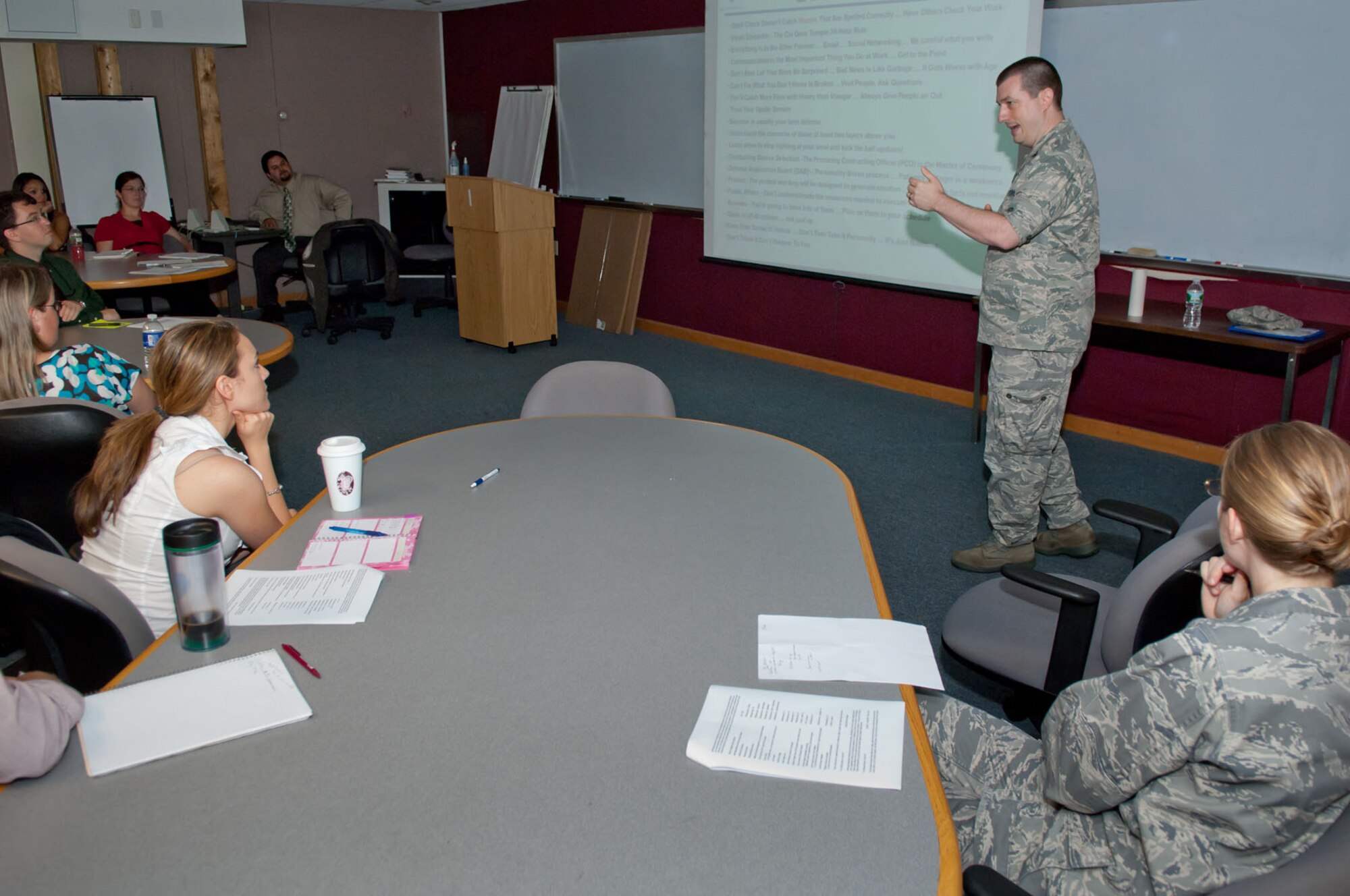 HANSCOM AIR FORCE BASE, Mass. - Col. Alfonso A. LaPuma, Cyber/Netcentric Directorate deputy director, speaks to members of Hanscom's Junior Force Council on July 13. Colonel LaPuma spoke about leadership and acquisition lessons learned.  (U.S. Air Force photo by Rick Berry)