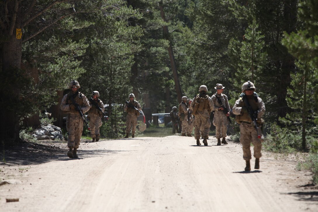 Marines with Weapons Platoon, Company, I., 3rd Battalion, 23rd Marine Regiment, keep their eyes sharp for potential improvised explosive devices while performing the practical application of the counter-IED course during Operation Javelin Thrust July 21.