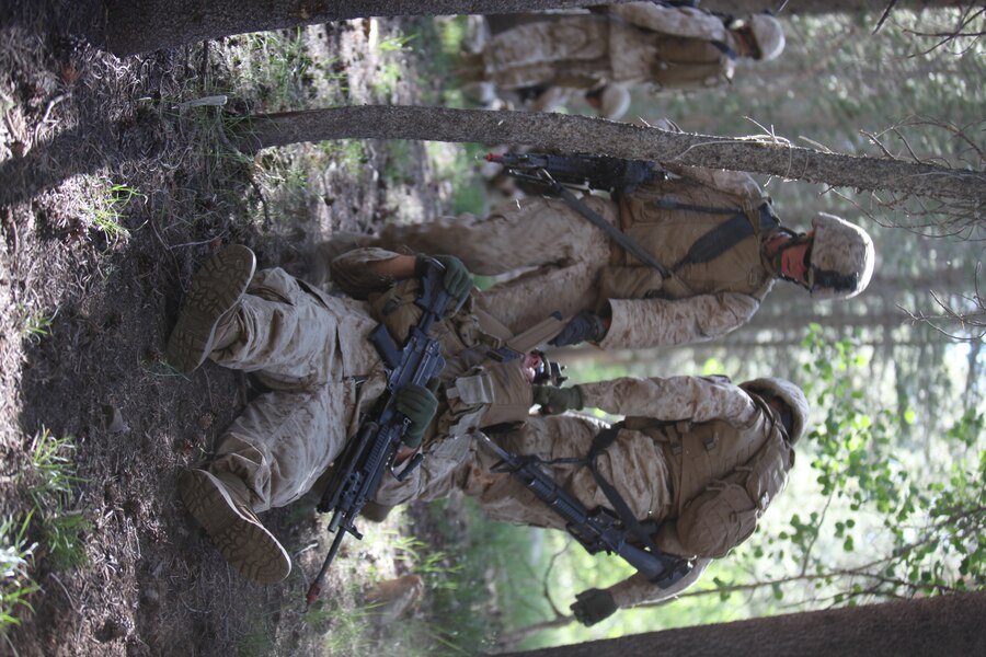 Marines of I Company, 3rd Battalion, 23rd Marine Regiment practice evacuating a simulated casualty during improvised explosive device training at Operation Javelin Thrust, July 21.