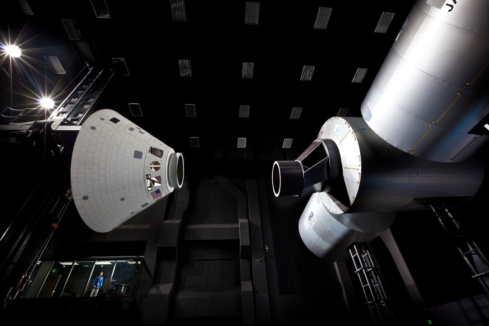 Lockheed Martin’s Space Operations Simulation Center in Littleton, Colo., simulates on-orbit docking maneuvers with full-scale Orion crew exploration vehicle and International Space Station mockups. Cadets from the Air Force Academy in Colorado Springs, Colo., visited the SOSC during a tour of Lockheed Martin's Littleton facility July 15, 2011. (Lockheed Martin photo/Patrick Corkery)