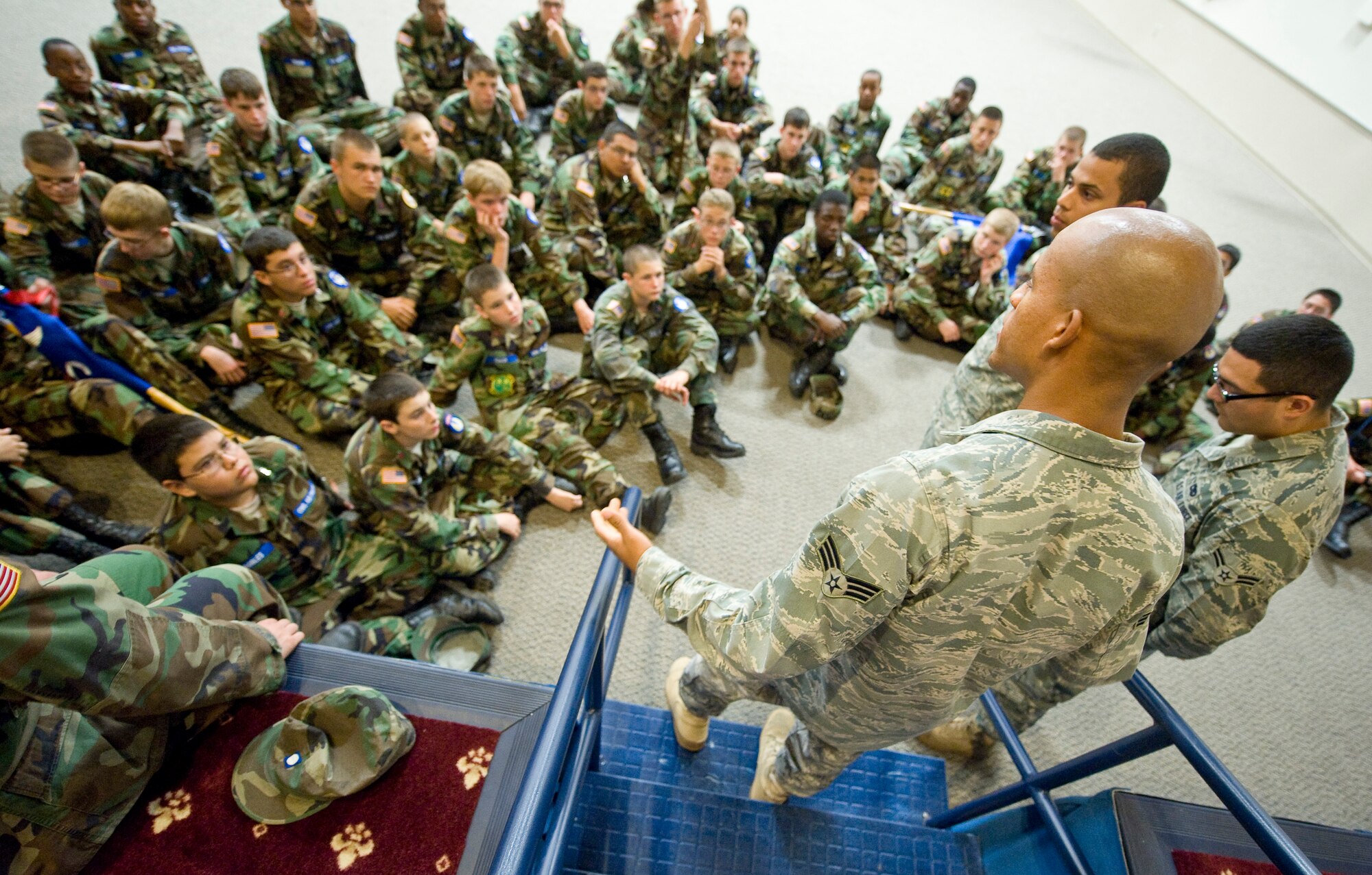 Senior Airman Calvin Smith, 2nd Aircraft Maintenance Squadron, speaks to cadets with the Louisiana Civil Air Patrol Cadet Encampment in Hoban Hall on Barksdale Air Force Base, La., July 22. This is the 14th consecutive year Barksdale has hosted the encampment. (U.S. Air Force photo/Senior Airman Chad Warren) (RELEASED)
