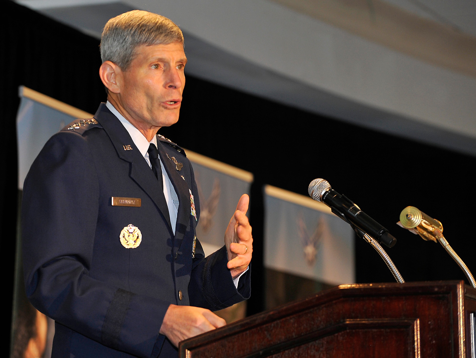 Air Force Chief of Staff Gen. Norton Schwartz delivers his closing remarks at the Caring for People Forum in Arlington Va., July 21, 2011.  The three-day conference worked to close the gap between needs and solutions in some of the Air Force's personnel programs.  (U.S. Air Force photo/Michael J. Pausic)