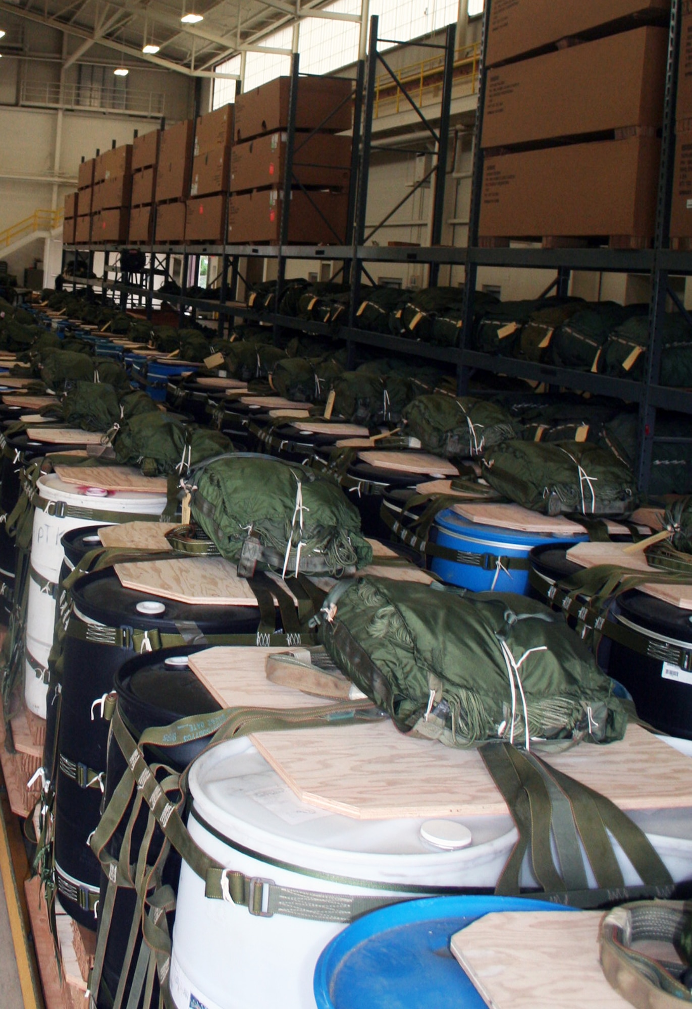 Airdrop bundles are shown in the 62nd Aerial Port Squadron aerial delivery facility July 21, 2011, at Joint Base Lewis-McChord, Wash. Eight people operate the facility and prepare airdrop training bundles for the 62nd Airlift Wing's mission. (U.S. Air Force Photo/Master Sgt. Scott T. Sturkol)