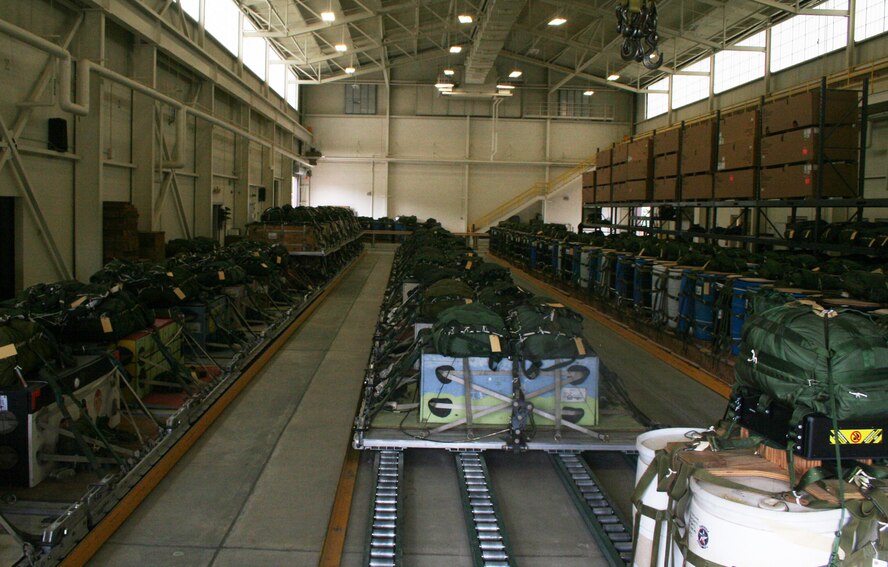 Airdrop bundles are shown in the 62nd Aerial Port Squadron aerial delivery facility July 21, 2011, at Joint Base Lewis-McChord, Wash. Eight people operate the facility and prepare airdrop training bundles for the 62nd Airlift Wing's mission. (U.S. Air Force Photo/Master Sgt. Scott T. Sturkol)