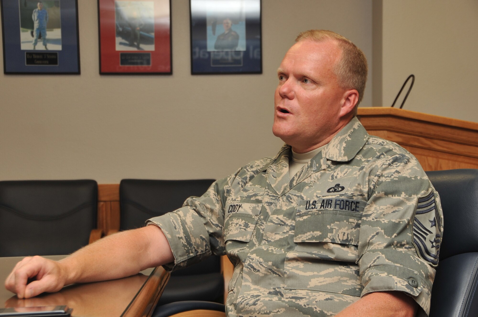 Chief Master Sgt. James Cody, Air Education and Training Command command chief, accompanied Gen. Edward A. Rice Jr., AETC commander, during their visit here July 13 and 14.

Photo by Todd Berenger
