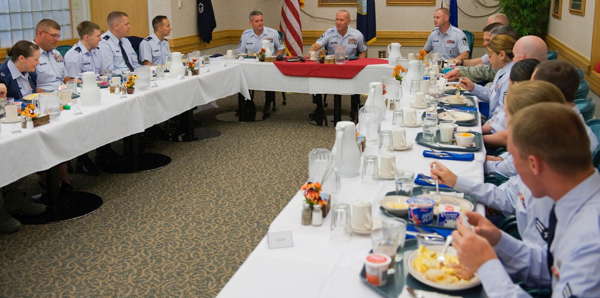 Breakfast with the elected officials for the professional organizations on Malmstrom kicked off a more than 30- stop orientation visit for Chief Master Sgt. Brian Hornback, Air Force Global Strike Command command chief master sergeant (center). (U.S. Air Force photo/Beau Wade)