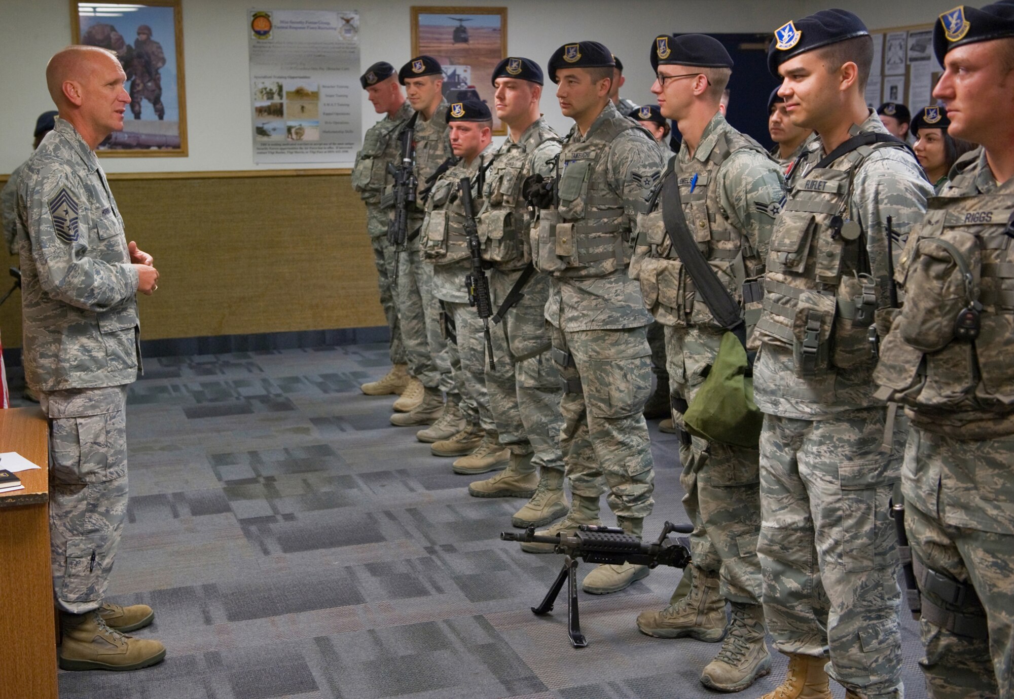 Chief Master Sgt. Brian Hornback, Air Force Global Strike Command command chief master sergeant, addresses members of the 341st Security Forces Squadron during their Guardmount July 12. Hornback visited Malmstrom July 9-13 forthe first time since taking the top enlisted position for the command. (U.S. Air Force photo/Beau Wade)