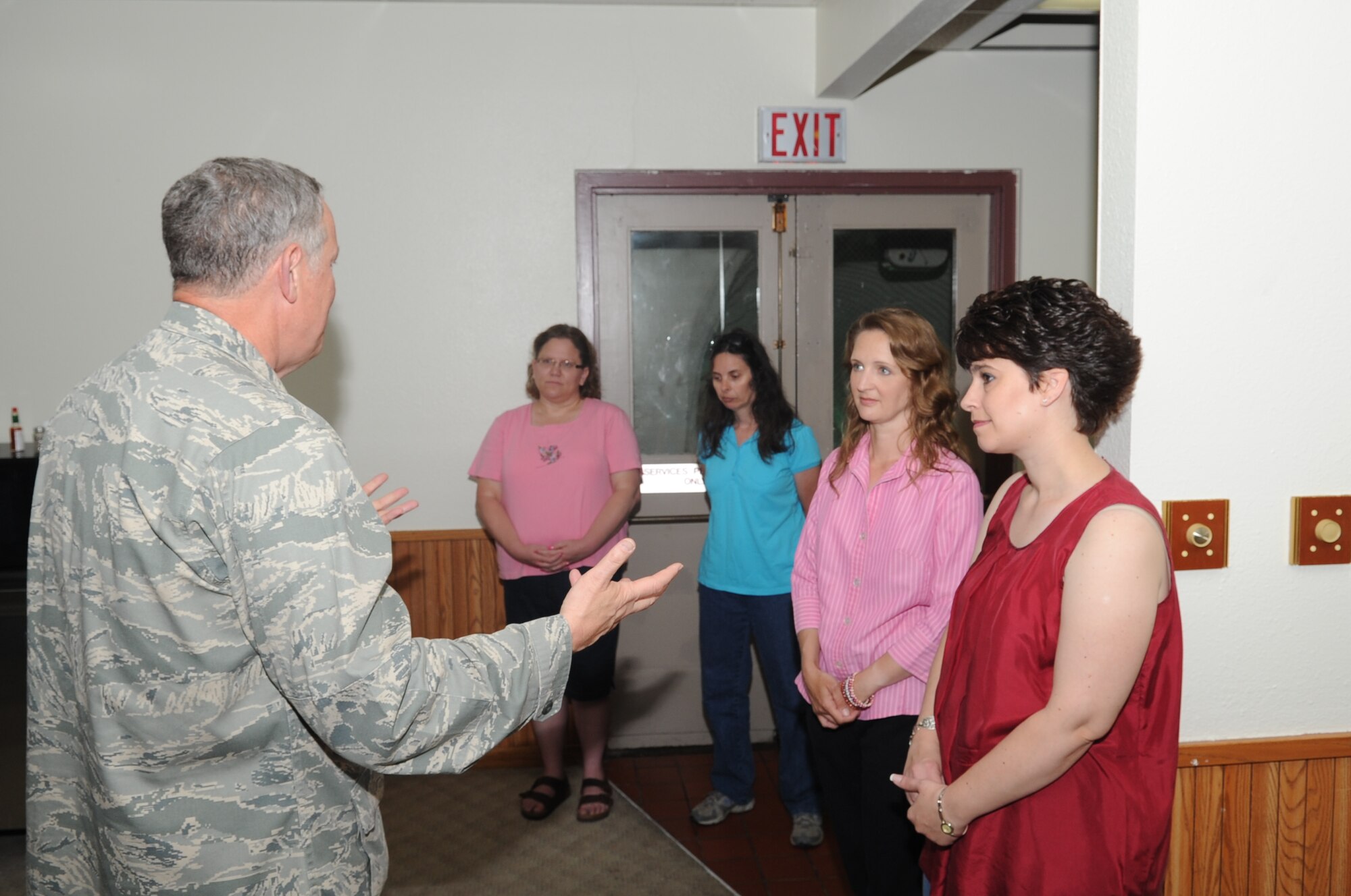 MINOT AIR FORCE BASE, N.D. -- Maj. Gen. Donald Alston discusses flood relief efforts with key spouses at the alert facility here July 20. Alston visited Team Minot to learn about the recent flood and how it has affected Airmen. (U.S. Air Force photo/Senior Airman Aaron-Forrest Wainwright)