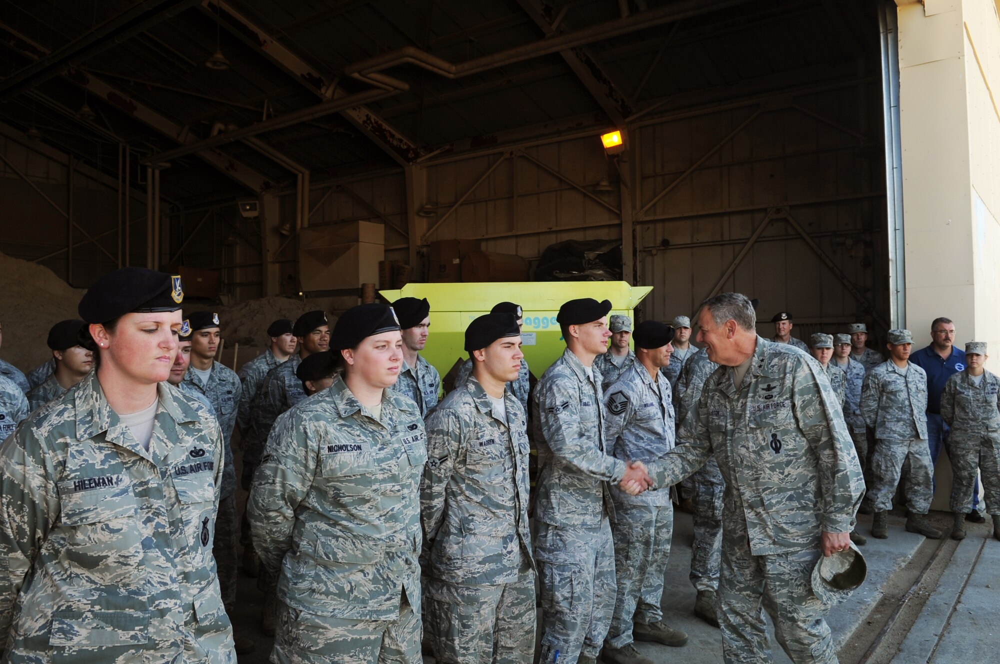 MINOT AIR FORCE BASE, N.D. -- Maj. Gen. Donald Alston meets with Team Minot Security Forces Squadron members at the sand-bagging barn here July 20. Alston visited Team Minot to learn about the recent flood and how it has affected Airmen. (U.S. Air Force photo/Senior Airman Aaron-Forrest Wainwright)