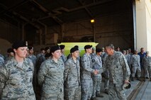 MINOT AIR FORCE BASE, N.D. -- Maj. Gen. Donald Alston meets with Team Minot Security Forces Squadron members at the sand-bagging barn here July 20. Alston visited Team Minot to learn about the recent flood and how it has affected Airmen. (U.S. Air Force photo/Senior Airman Aaron-Forrest Wainwright)
