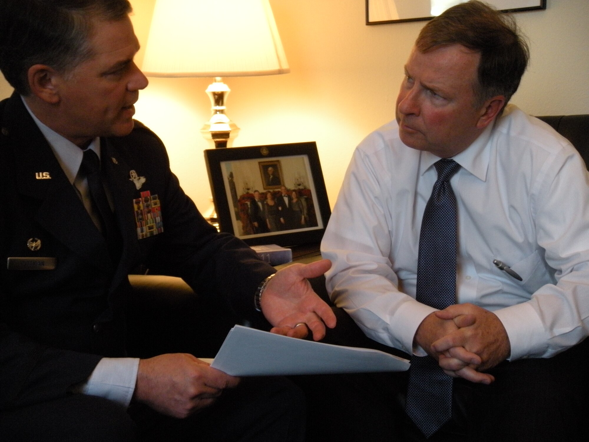 Col. Jay Pittman provides an update on 302nd Airlift Wing current deployments and missions June 15 to Colorado Representative Doug Lamborn during an office call in the Congressman’s Washington D.C. office. Colonel Pittman also met with staff members from Senator Mark Udall and Colorado Representative Diana DeGette's offices. The vists were part of the Air Force Reserve Integration Orientation Course that gave leadership from the 302nd AW, an Air Force Reserve organization, the opportunity to share information about current wing events and activities. (U.S. Air Force photo/Ann Skarban)
