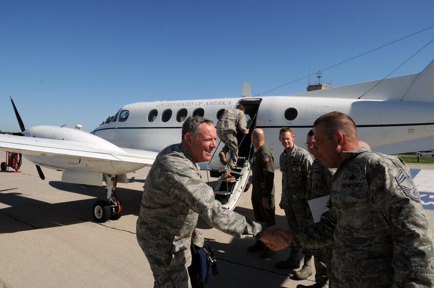 MINOT AIR FORCE BASE, N.D. -- Maj. Gen. Donald Alston is greeted by Minot Air Force Base leadership on his arrival here July 20. Alston visited Team Minot to learn about the recent flood and how it has affected Airmen. (U.S. Air Force photo/Senior Airman Aaron-Forrest Wainwright)