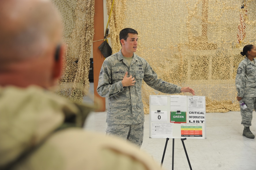 U.S. Air Force Airman 1st Class Ryan Countryman, 23rd Civil Engineer Squadron readiness emergency management, goes over key points on his section during an ability to survive and operate training session at Moody Air Force Base, Ga., July 22, 2011. Countryman was one of four instructors who briefed during the training “rodeo”. (U.S. Air Force photo by Airman 1st Class Paul Francis/Released)
