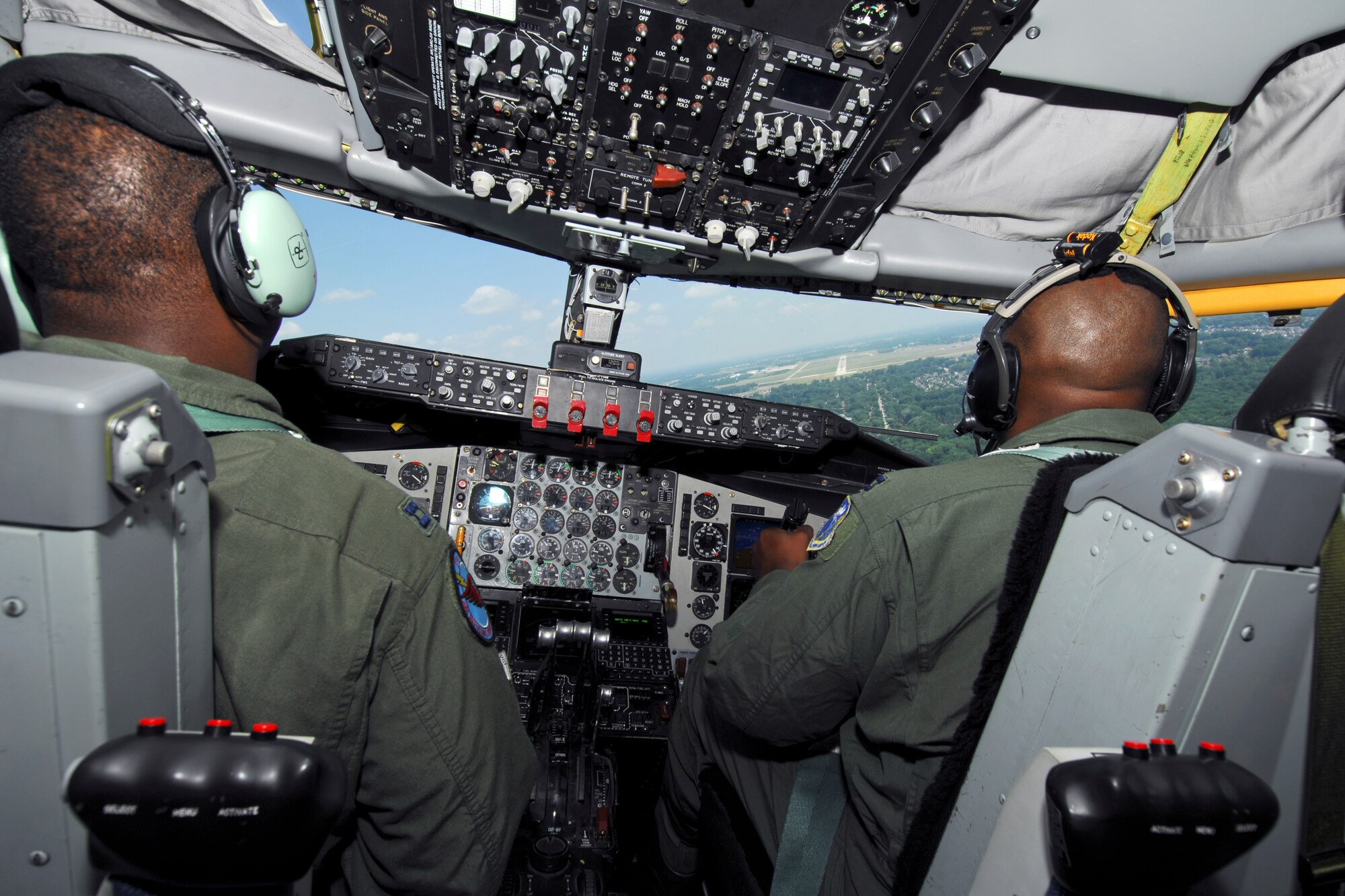 Capt. Don Davenport and Capt. Mark Vaught maneuver a KC-135 Stratotanker to prepare for landing at Selfridge Air National Guard Base, Mich., July 21, 2011. The aircraft is assigned to the base and is part of the Michigan Air National Guard. (USAF photo by John S. Swanson)