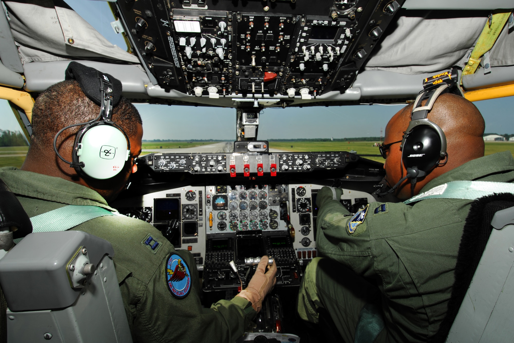 Capt. Don Davenport and Capt. Mark Vaught run through their checklist prior to take off on board a KC-135 Stratotanker at Selfridge Air National Guard Base, Mich., July 21, 2011. The tankers are operated by the 127th Air Refueling Group, a component of the Michigan Air National Guard. (USAF photo by John S. Swanson)