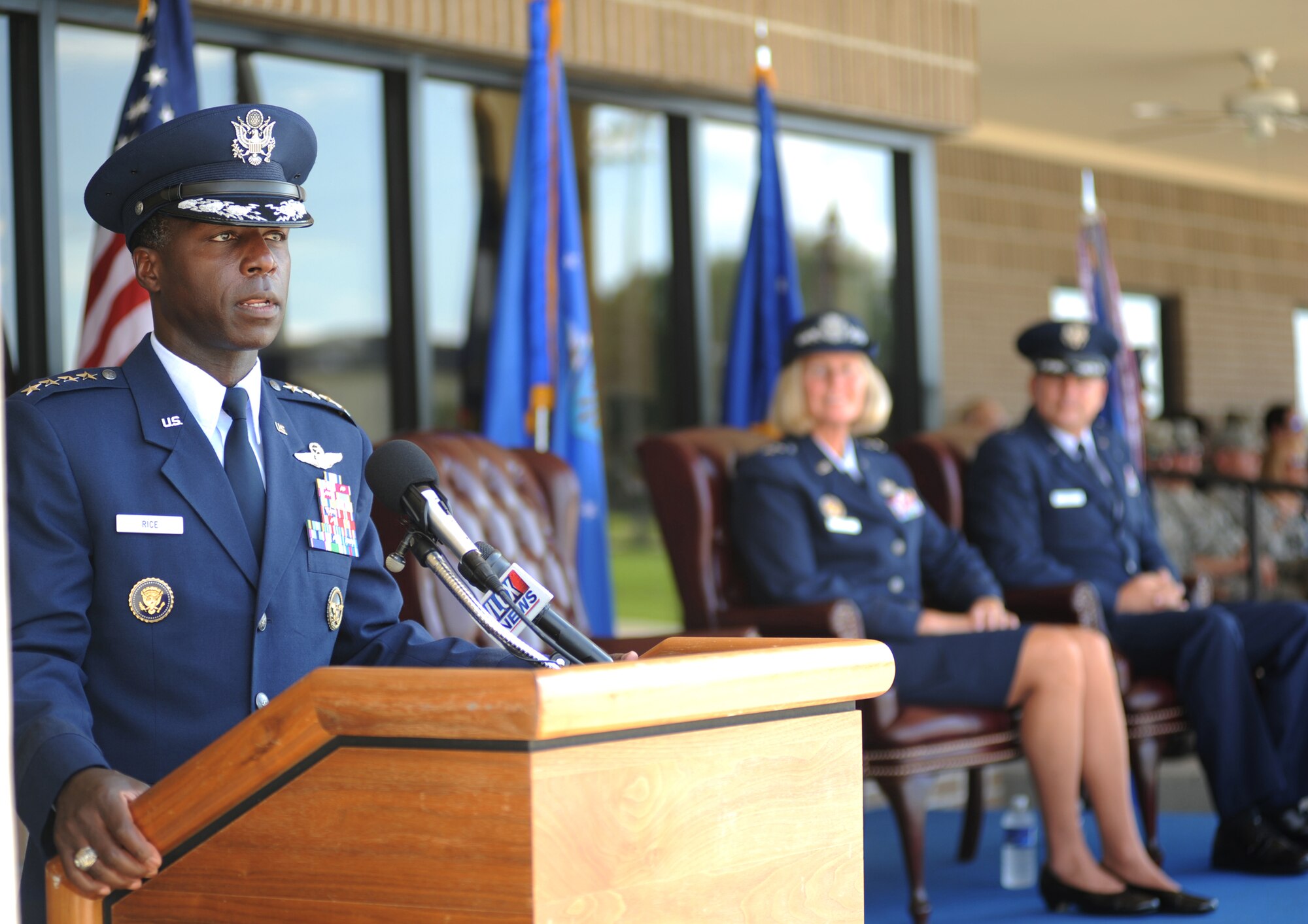 Gen. Edward Rice Jr., left, commander of Air Education and Training Command, speaks at the start of the 2nd Air Force change of command ceremony July 21 at Keesler Air Force Base, Miss. as Maj. Gen. Mary Kay Hertog, outgoing 2nd Air Force commander, and Brig. Gen. Leonard Patrick, incoming commander, look on.  Hertog is headed to the Pentagon to direct the Department of Defense Sexual Assault Prevention and Response Office.  Patrick previously commanded the 502nd Air Base Wing at Fort Sam Houston, Texas.  (U.S. Air Force photo by Kemberly Groue)
