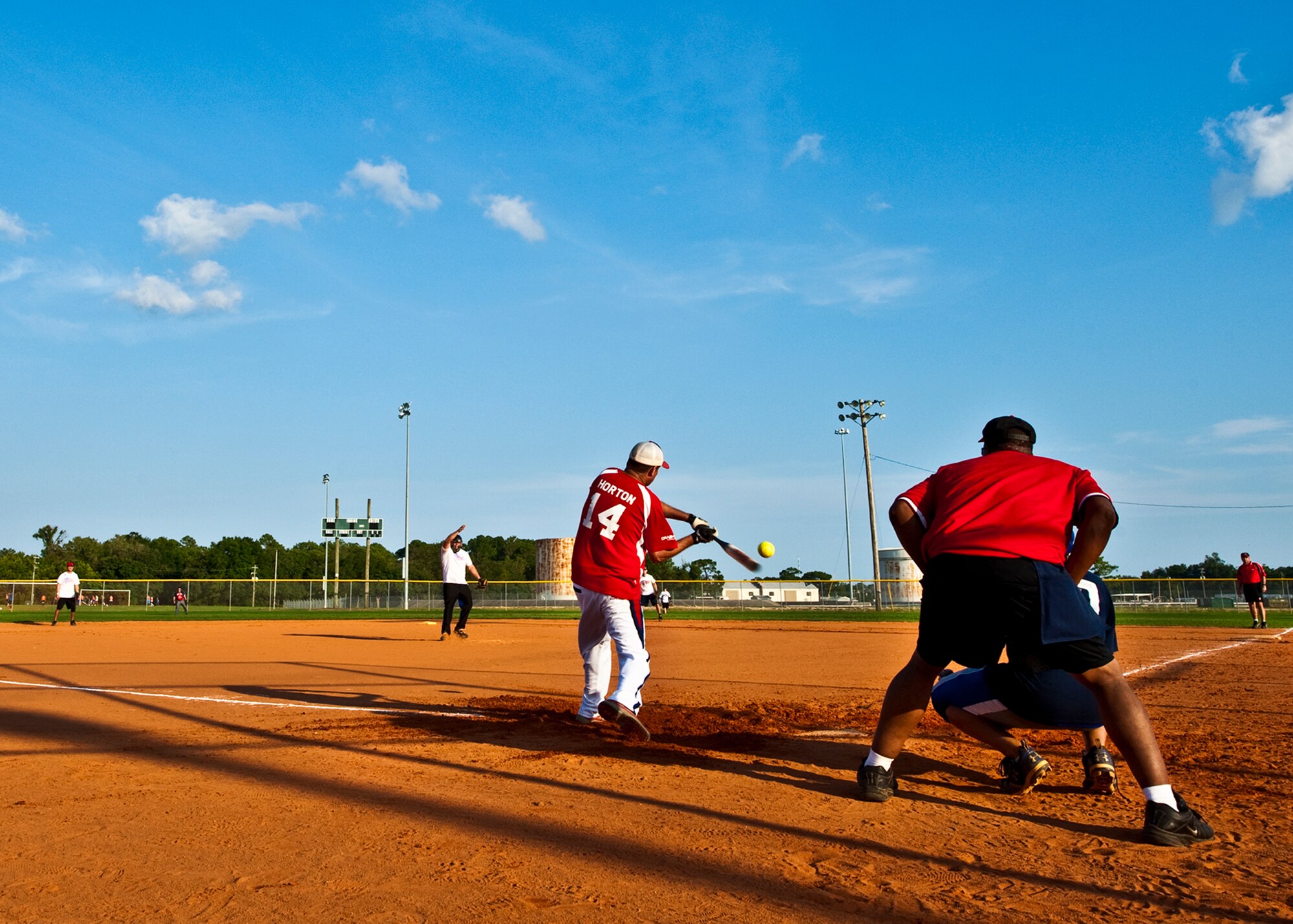 Mike Horton, of the 96th Medical Group, gets a hit during the intramural softball championship game against the 96th Security Forces Squadron at Eglin Air Force Base, Fla., July 20.  SFS came from behind in the final inning to take the championship 16-15.  (U.S. Air Force photo/Samuel King Jr.)