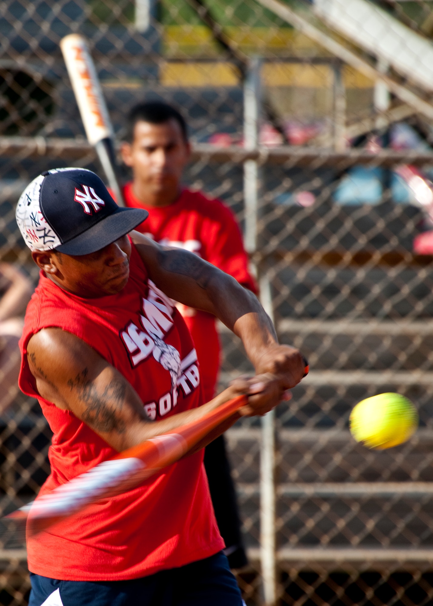 Derwin Cumming, of the 96th Medical Group, swings for the fences during the intramural softball championship game against the 96th Security Forces Squadron at Eglin Air Force Base, Fla., July 20.  SFS came from behind in the final inning to take the championship 16-15.  (U.S. Air Force photo/Samuel King Jr.)