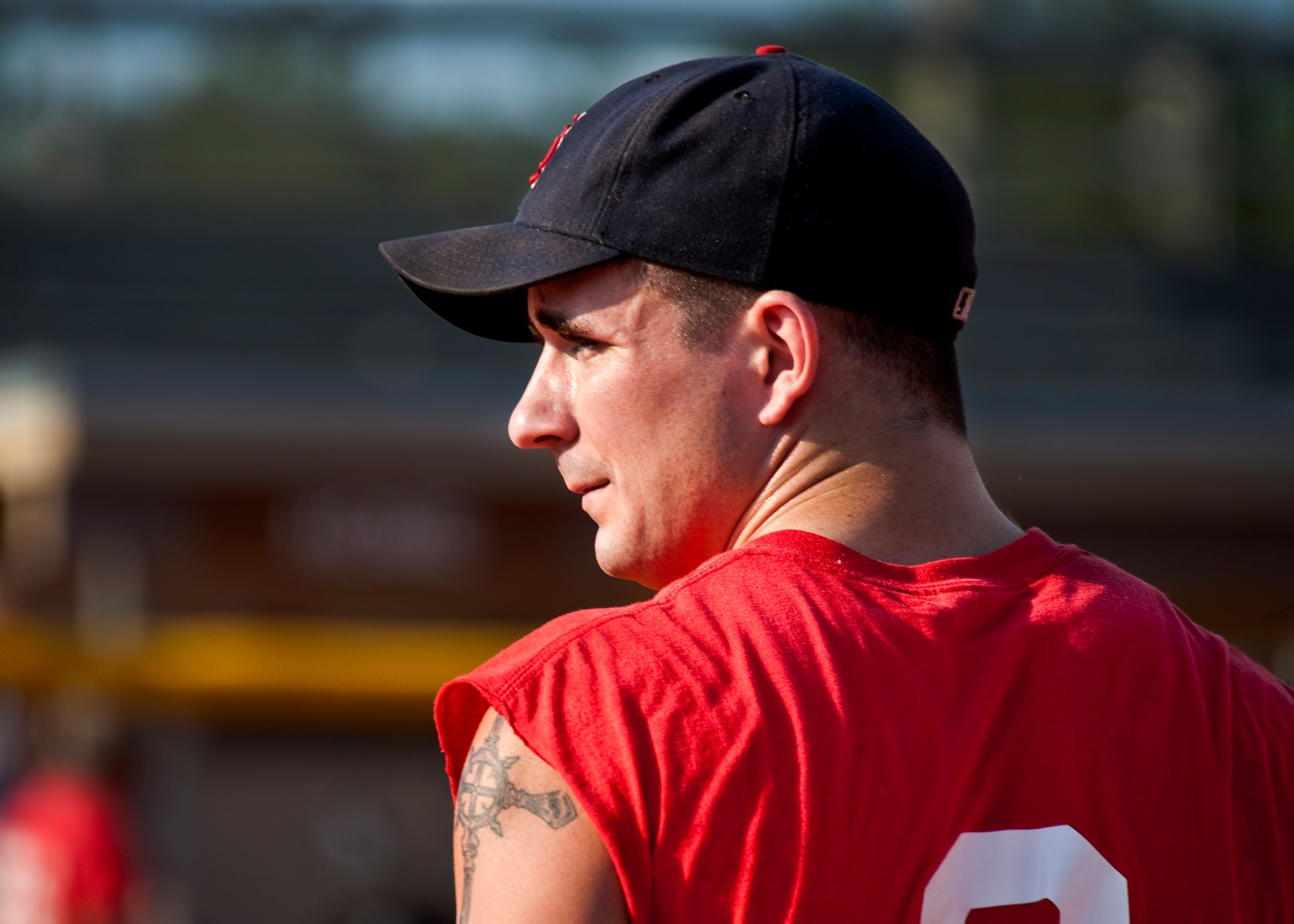 Ethan Cross, of the 96th Medical Group, waits for the next batter during their intramural softball championship game against the 96th Security Forces Squadron at Eglin Air Force Base, Fla., July 20.  SFS came from behind in the final inning to take the championship 16-15.  (U.S. Air Force photo/Samuel King Jr.)
