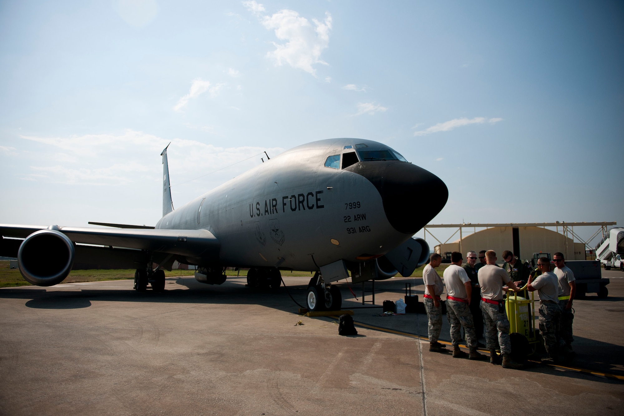 Aircrew and maintainers from the 90th Expeditionary Air Refueling Squadron prepare a KC-135R Stratotanker aircraft for a flight July 20, 2011, at Incirlik Air Base, Turkey. The 90th EARS, a total-force team consisting of nearly 100 active-duty, Reserve and Air National Guard Airmen, conducts air-to-air refuels to C-17 Globemaster IIIs and C-5 Galaxies coming in and out of the area of operations. (U.S. Air Force photo by Tech. Sgt. Michael B. Keller/Released)