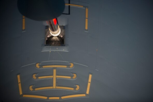 A C-17 Globemaster III aircraft connects to a 90th Expeditionary Air Refueling Squadron KC-135R Stratotanker aircraft during an air refueling training mission July 20, 2011, over the Black Sea north of Turkey. The 90th EARS, a total-force team consisting of nearly 100 active-duty, Reserve and Air National Guard Airmen, conducts air-to-air refuels to C-17 Globemaster IIIs and C-5 Galaxies coming in and out of the area of operations. (U.S. Air Force photo by Tech. Sgt. Michael B. Keller/Released)