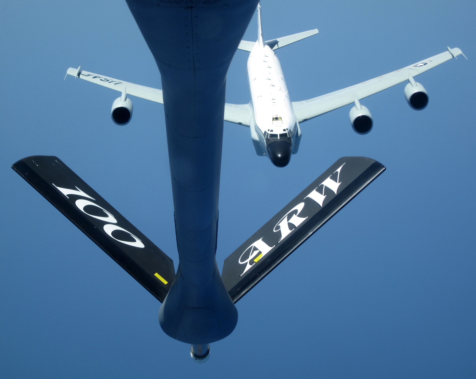 RAF MILDENHALL, England – An RC-135V/W Rivet Joint from the 55th Wing, Offutt Air Force Base, Neb., approaches a 100th Air Refueling Wing KC-135 Stratotanker to receive fuel over the Mediterranean Sea July 7, 2011. The RC-135 was conducting operations in support of the NATO-led Operation Unified Protector. (U.S. Air Force photo/Senior Airman Ronnie Echavarria)
