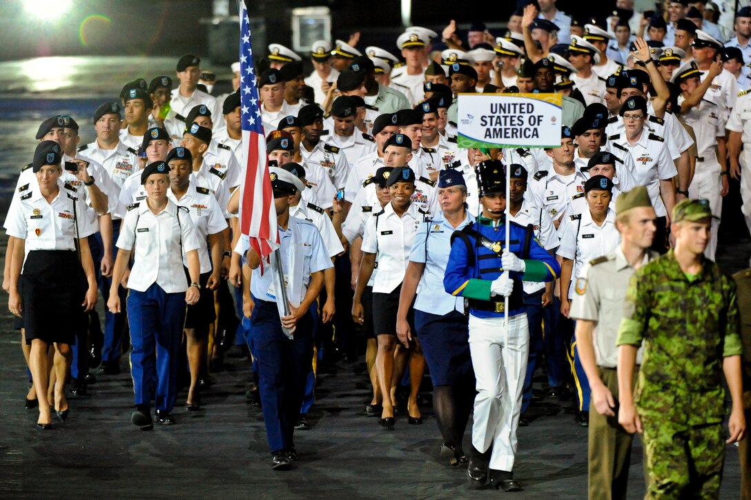 Team USA follows Estonia in the parade of 109 nations around Olympic Stadium during the opening ceremony for the Counseil International du Sport Militaire's 5th Military World Games in Rio de Janeiro, July 16, 2011.