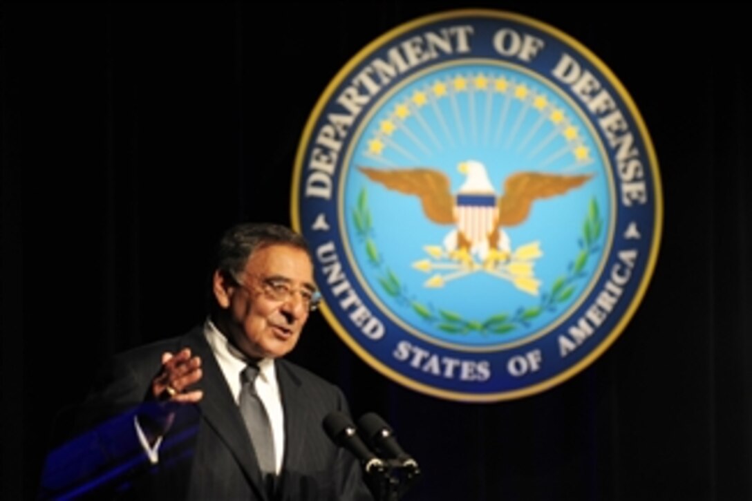 Secretary of Defense Leon E. Panetta makes remarks after Vice President of the United States Joe Biden administered the oath of office to him during a ceremony in the Pentagon on July 22, 2011.  