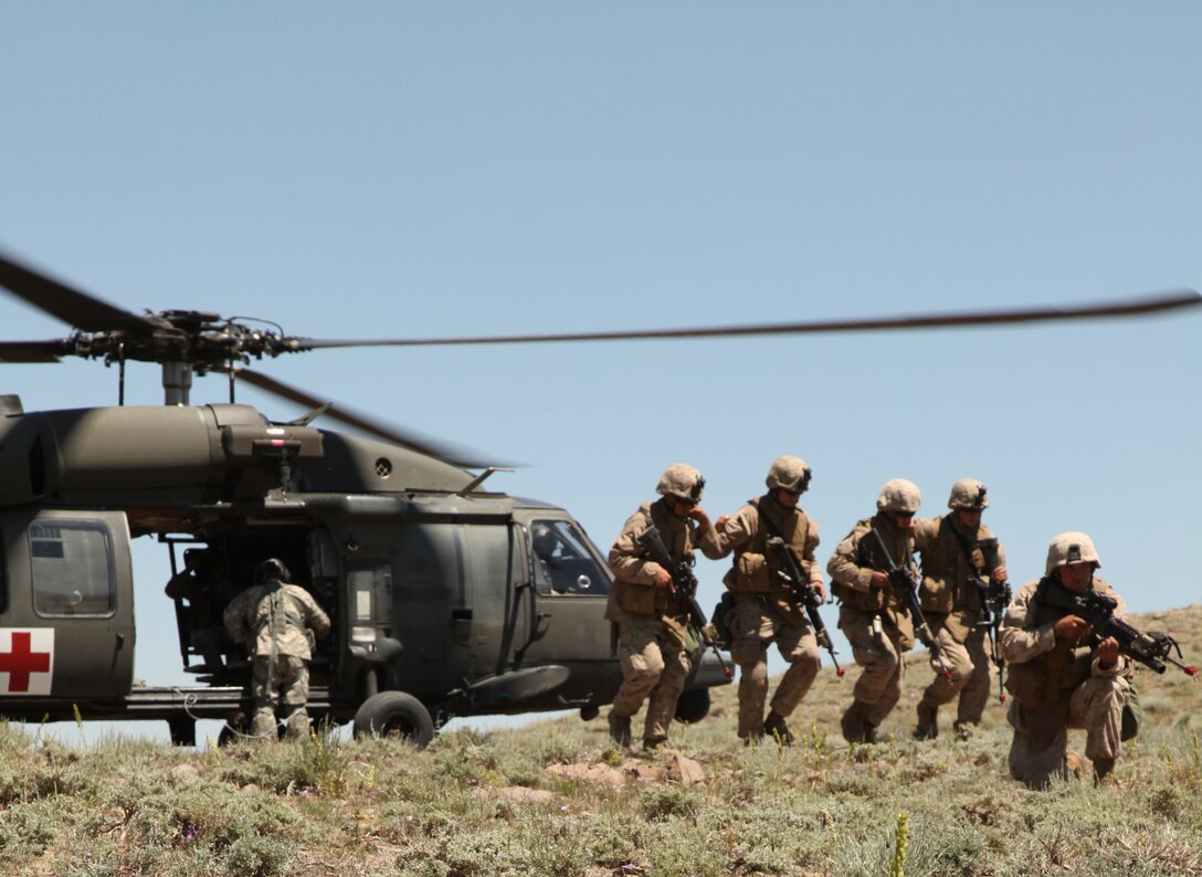 Marines with 2nd Battalion, 24th Marine Regiment, exit the landing zone as California National Guardsmen with the 1/168th General Support Aviation Battalion perform a practice medical evacuation, July 23, 2011. The National Guardsmen supported the Marines as they trained for their final exercise during Javelin Thrust.