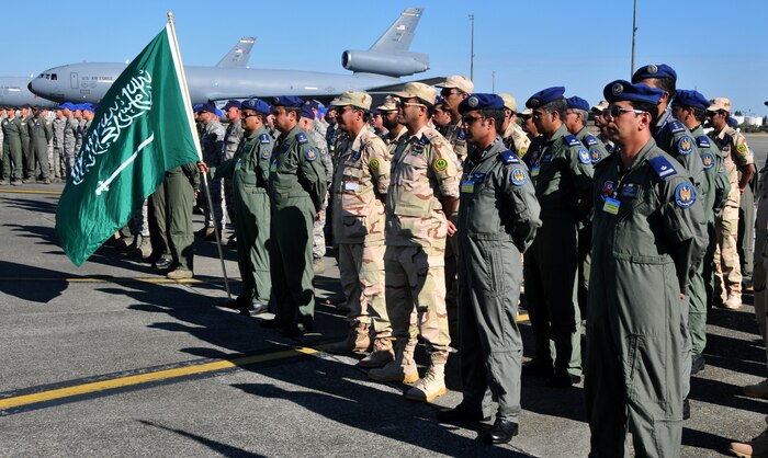 Mobility airmen from the Kingdom of Saudi Arabia stand at ease during the Air Mobility Rodeo 2011 opening ceremony, July 24, 2011, at Joint Base Lewis-McChord, Wash. Rodeo 2011 is a biennial international competition that focuses on mission readiness, featuring airdrops, aerial refueling and other events that showcase the skills of mobility crews from around the world. (U.S. Air Force photo/ Airman 1st Class Jared Trimarchi) 