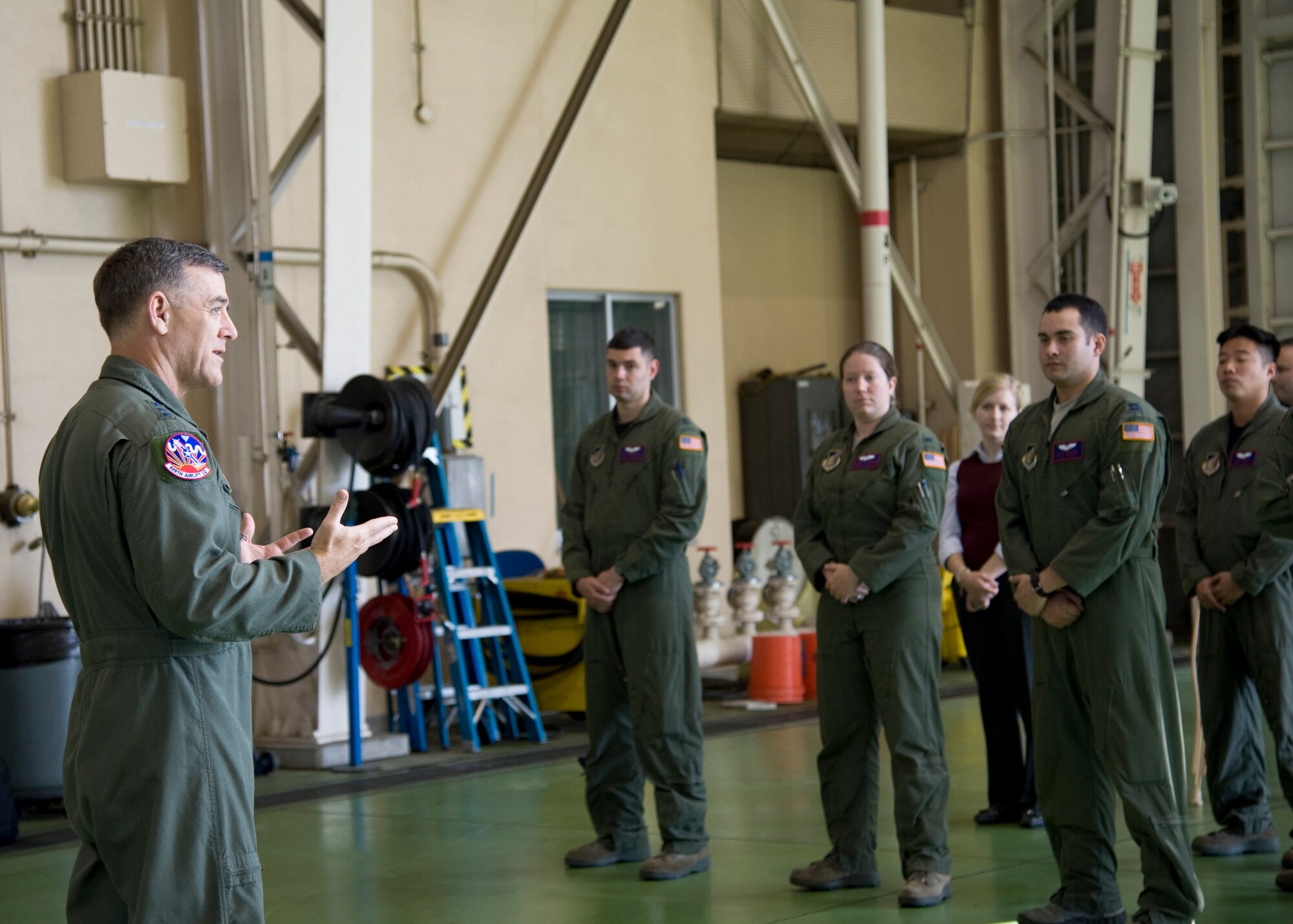 YOKOTA AIR BASE, Japan -- Lt. Gen. Burton Field, U.S. Forces, Japan, and 5th Air Force commander, thanks members of the 459th Airlift Squadron July 22, 2011, at Yokota Air Base, Japan. General Field visited various units throughout base to recognize their efforts during Operation Tomodachi. (U.S. Air Force photo/Senior Airman Andrea Salazar)