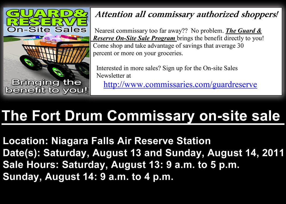 The Fort Drum Commissary is hosting an on-site sale with the New York Air Reserve in Niagara Falls, New York. (U.S. Air Force graphic by Staff Sgt. Joseph McKee)

