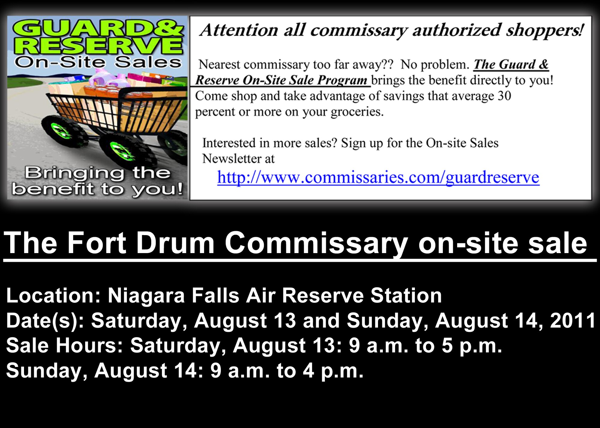 The Fort Drum Commissary is hosting an on-site sale with the New York Air Reserve in Niagara Falls, New York. (U.S. Air Force graphic by Staff Sgt. Joseph McKee)


