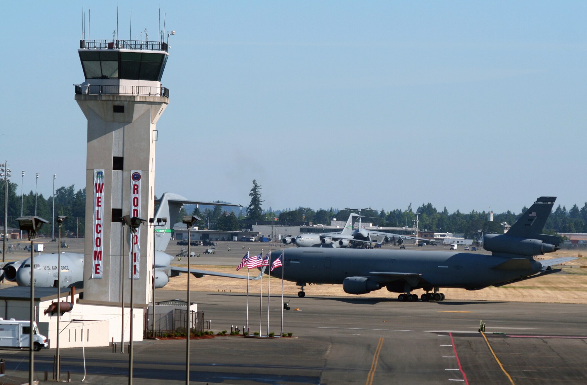 A KC-10 Extender from the 60th Air Mobility Wing at Travis Air Force Base, Calif., taxis at Joint Base Lewis-McChord, Wash., as part of team arrivals for Air Mobility Rodeo 2011 on July 23, 2011. Air Mobility Rodeo 2011, sponsored by the Air Mobility Command, is the Mobility Air Force's readiness competition. This competition focuses on improving worldwide air mobility forces' professional core abilities. (U.S. Air Force Photo/Master Sgt. Scott T. Sturkol)