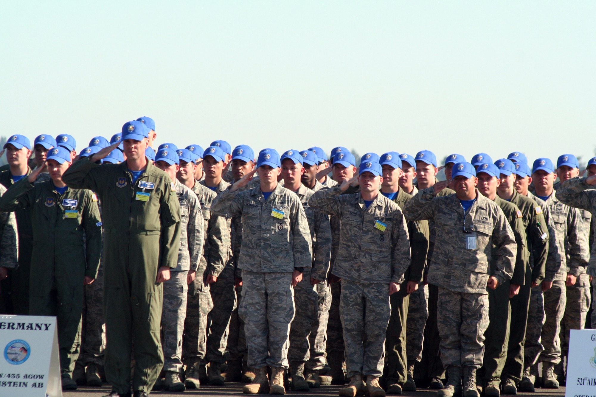 Participants for Air Mobility Rodeo 2011 are shown in formation for opening ceremonies for Rodeo on July 24, 2011, at Joint Base Lewis-McChord, Wash.  Rodeo 2011, sponsored by the Air Mobility Command, is the Mobility Air Force's readiness competition. This competition focuses on improving worldwide air mobility forces' professional core abilities. More than 150 teams and 3,000 people from the Air Force, and Air Force Reserve, as well as allied nations are participating in Rodeo. (U.S. Air Force Photo/Master Sgt. Scott T. Sturkol)