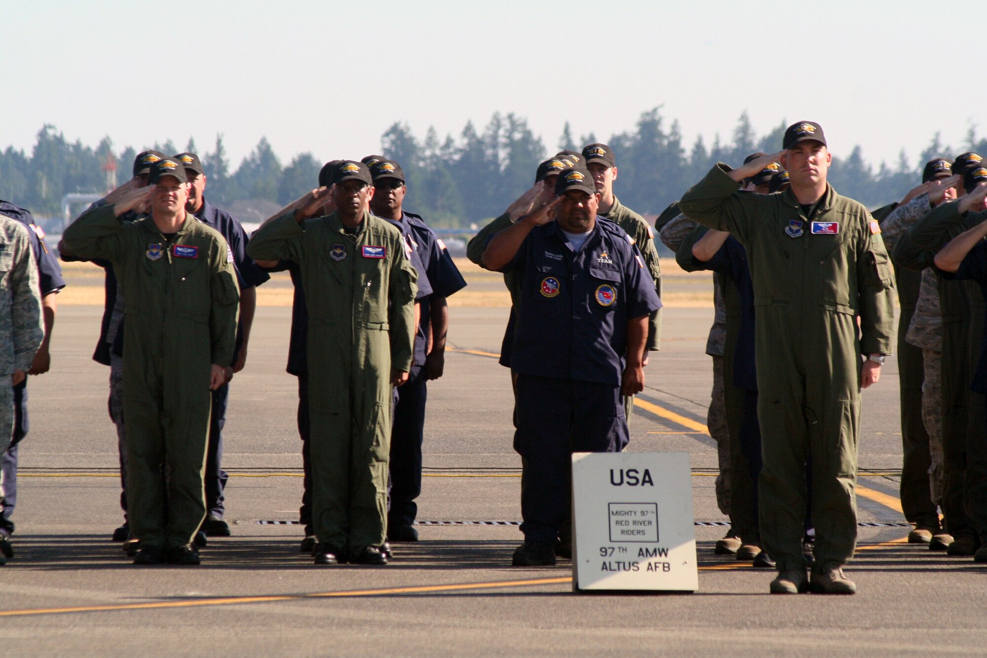 Participants for Air Mobility Rodeo 2011 are shown in formation for opening ceremonies for Rodeo on July 24, 2011, at Joint Base Lewis-McChord, Wash.  Rodeo 2011, sponsored by the Air Mobility Command, is the Mobility Air Force's readiness competition. This competition focuses on improving worldwide air mobility forces' professional core abilities. More than 150 teams and 3,000 people from the Air Force, and Air Force Reserve, as well as allied nations are participating in Rodeo. (U.S. Air Force Photo/Master Sgt. Scott T. Sturkol)