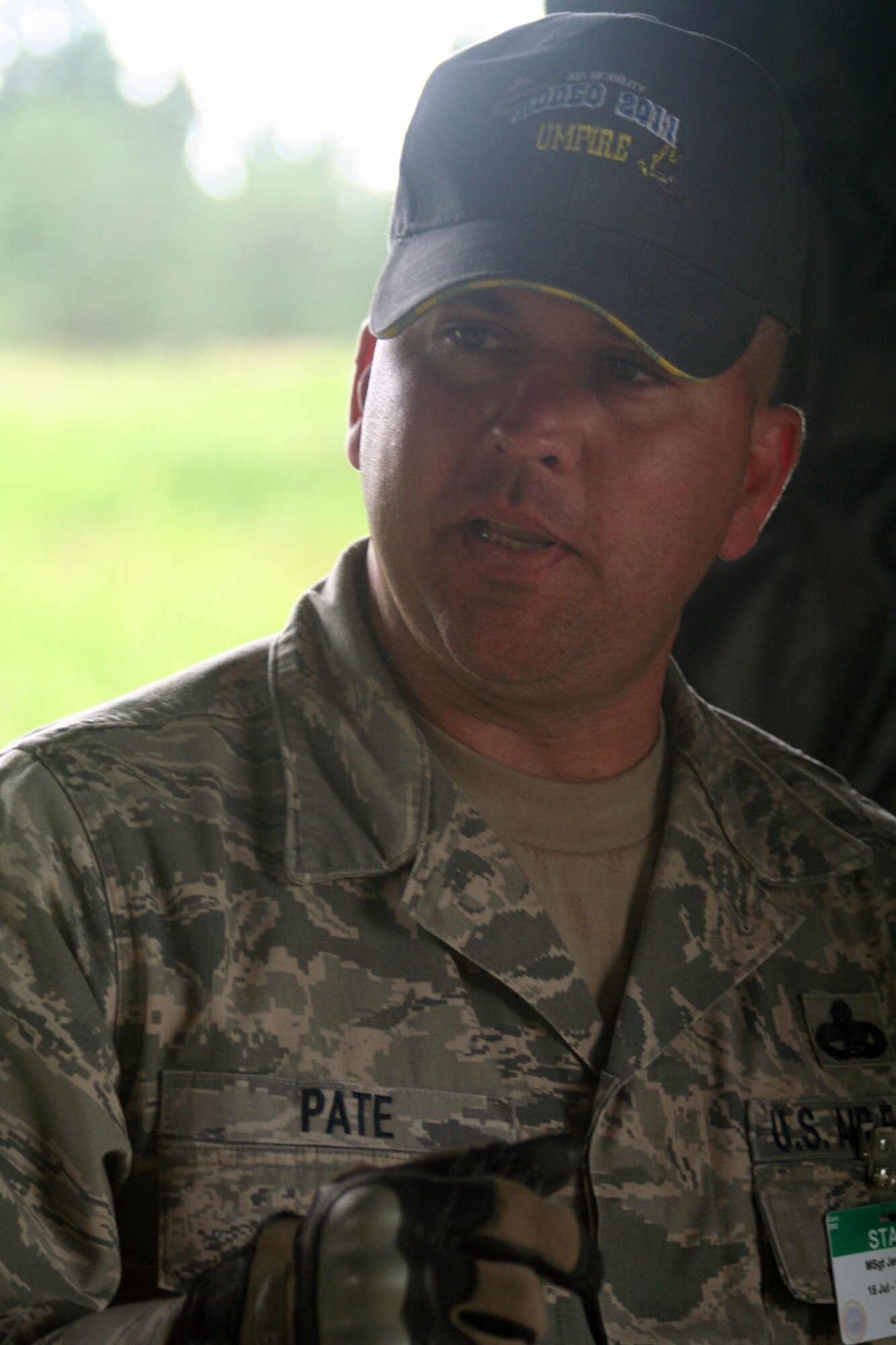 Master Sgt. Jesse Pate, Air Mobility Rodeo 2011 umpire and section chief for the logistics area for the 421st Combat Training Squadron at the U.S. Air Force Expeditionary Center on Joint Base McGuire-Dix-Lakehurst, N.J.,watches over the Rodeo security forces combat tactics event at Joint Base Lewis-McChord, Wash., on July 25, 2011. (U.S. Air Force Photo/Master Sgt. Scott T. Sturkol)