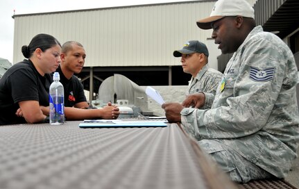 Two sergeants brief two Airmen participating in a forklift driving course, July 25, 2011, at Joint Base Lewis-McChord, Wash. The event was part of Air Mobility Rodeo 2011, a biennial international competition that focuses on mission readiness, featuring airdrops, aerial refueling and other events that showcase the skills of mobility crews from around the world. (U.S. Air Force photo/ Airman 1st Class Jared Trimarchi) 