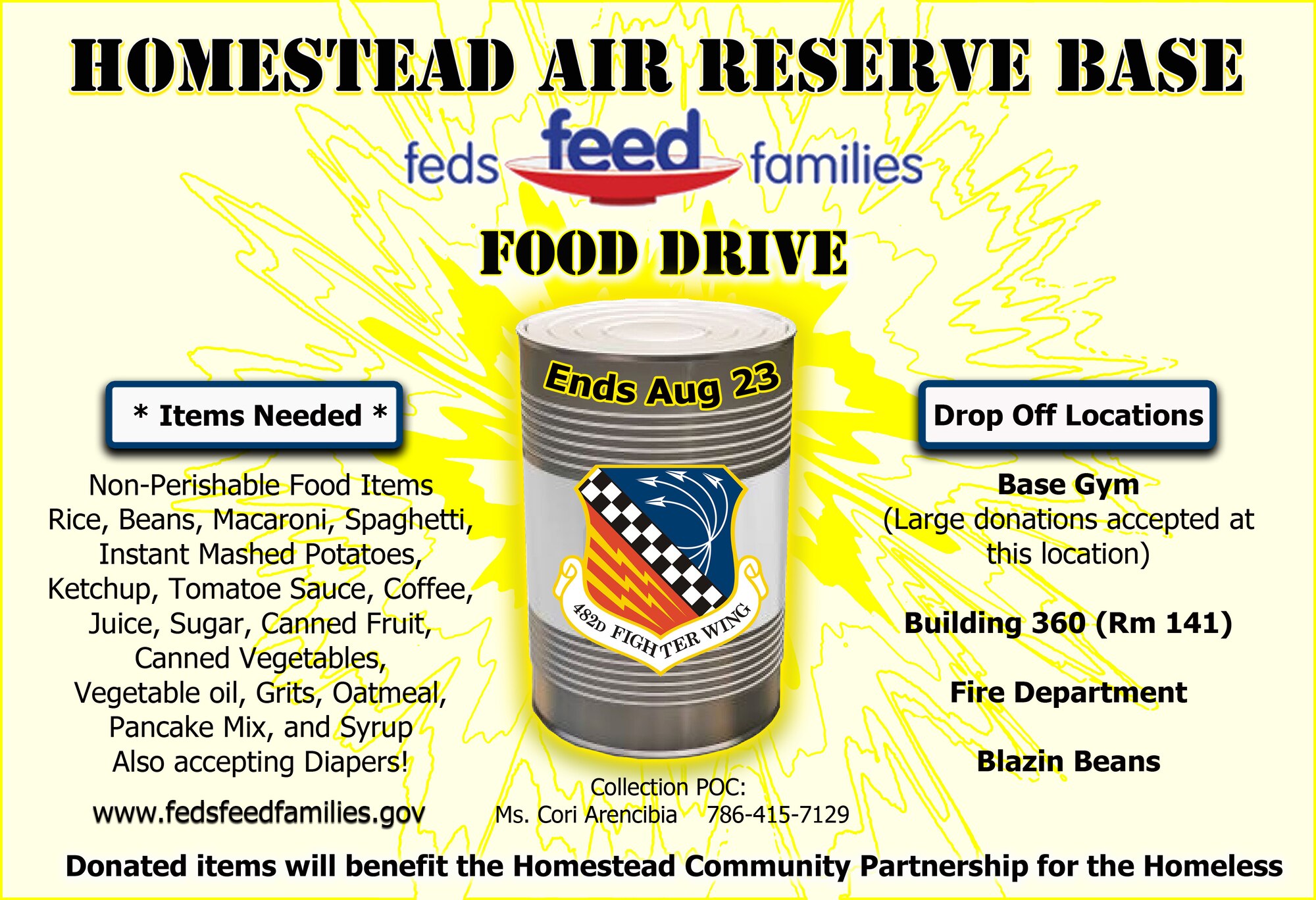 Homestead Air Reserve Base is participating in the Office of Personnel Management's Third Annual "Feds Feed Families" Food Drive. The food drive has begun and will run until Aug. 23. (U.S. Air Force graphic/Senior Airman Lou Burton)