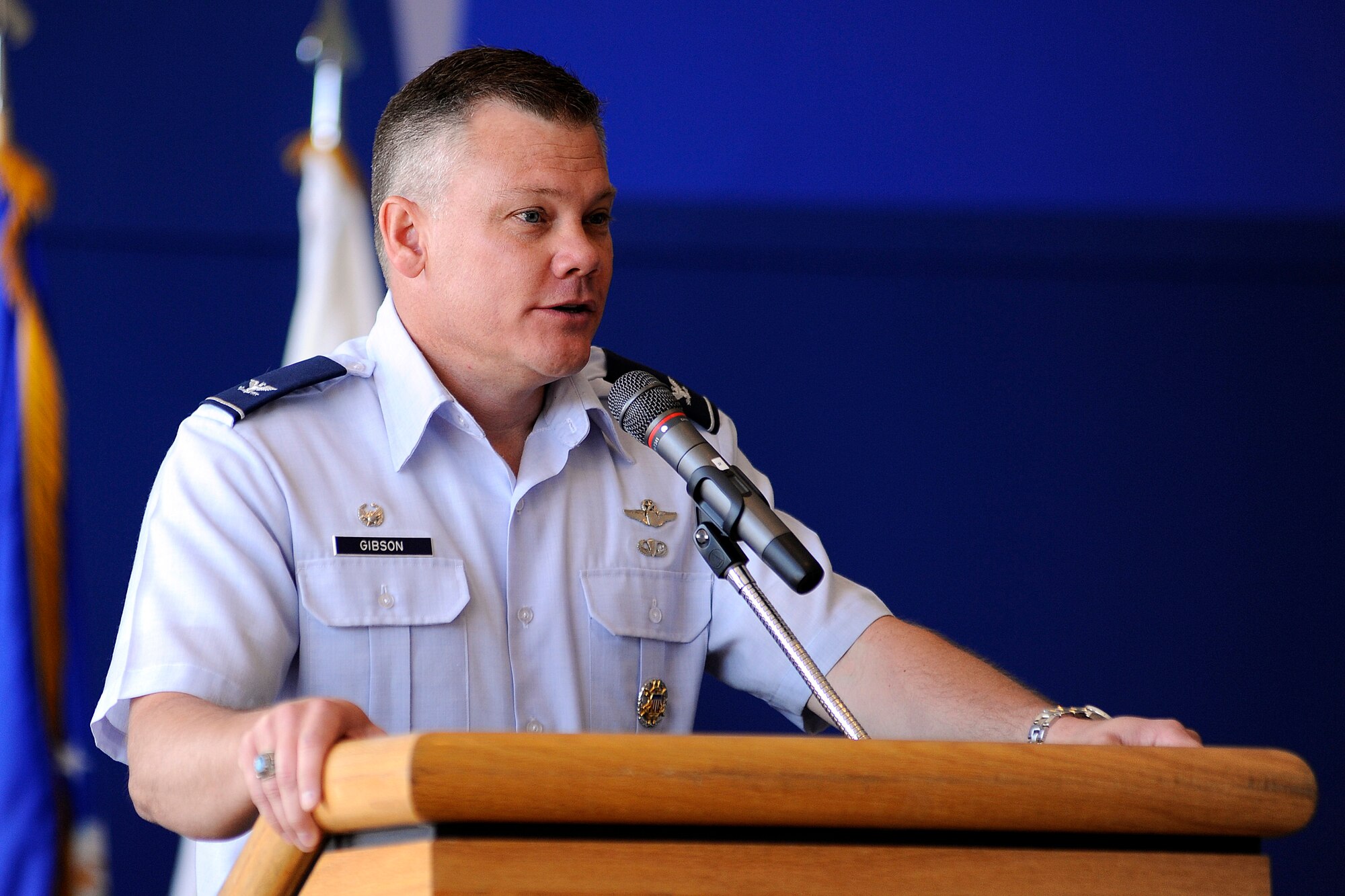 Col. Thomas Gibson speaks to retirees during the Front Range Retiree Appreciation Day event at the Air Force Academy in Colorado Springs, Colo., July 23, 2011. Gibson took command of the 10th Air Base Wing on June 27. (U.S. Air Force photo/Mike Kaplan)