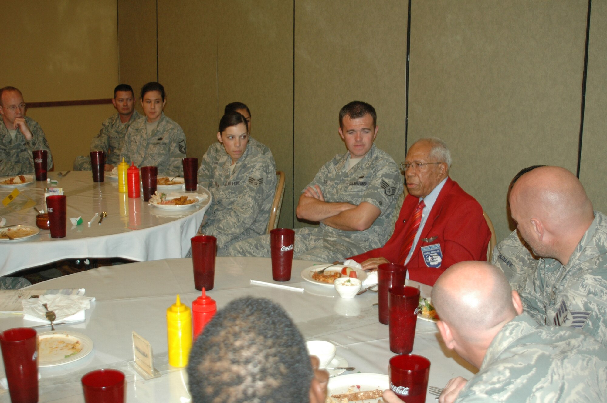 Dr. Thurston Gaines, Jr., a World War II fighter Pilot with the Tuskegee Airmen, shares memories about his youth, military exploits and civilian life with members of the 944th Fighter Wing Force Support Squadron.  (Courtesy photo)