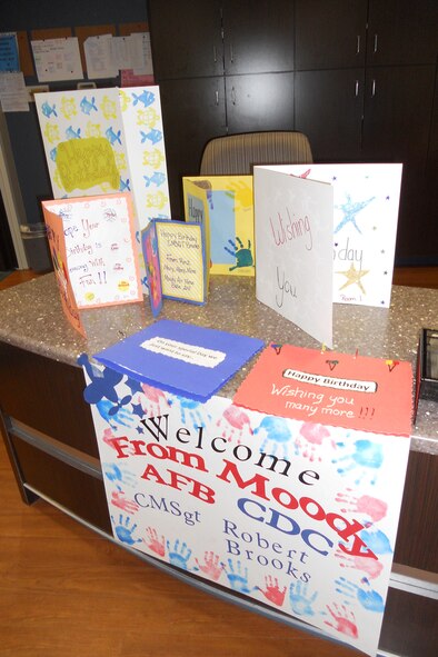 Cards and signs for U.S. Air Force Chief Master Sgt. Robert Brooks, 9th Air Force command chief, are displayed at the Child Development Center at Moody Air Force Base, Ga., July 15, 2011. Chief Brooks took the time to visit the children during a tour of Moody. (U.S. Air Force photo by Chief Master Sgt. Frank Batten/Released)