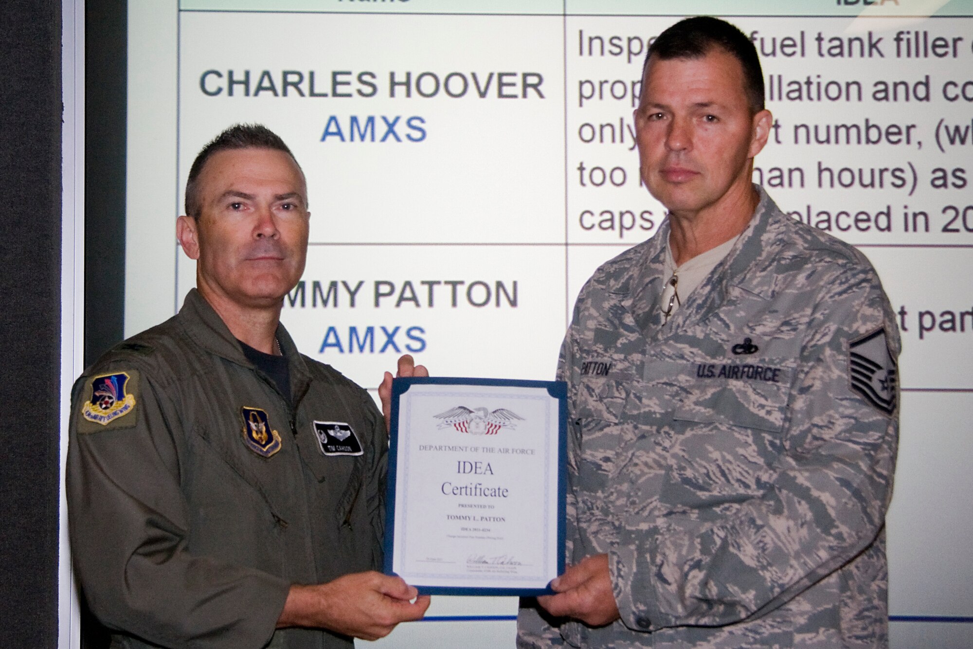 Master Sgt. Tommy Patton, 434th Aircraft Maintenance Squadron sortie support specialist, receives his Air Force Innovative Development through Employee Awareness Program, or IDEA, award from Col. William T. "Tim" Cahoon, 434th Air Refueling Wing commander. Patton's idea was to change an incorrect part number. The IDEA Program is an incentive program that promotes process improvement and resource savings through ideas submitted by military and civilian employees. (U.S. Air Force photo/Tech. Sgt. Mark R. W. Orders-Woempner) 
