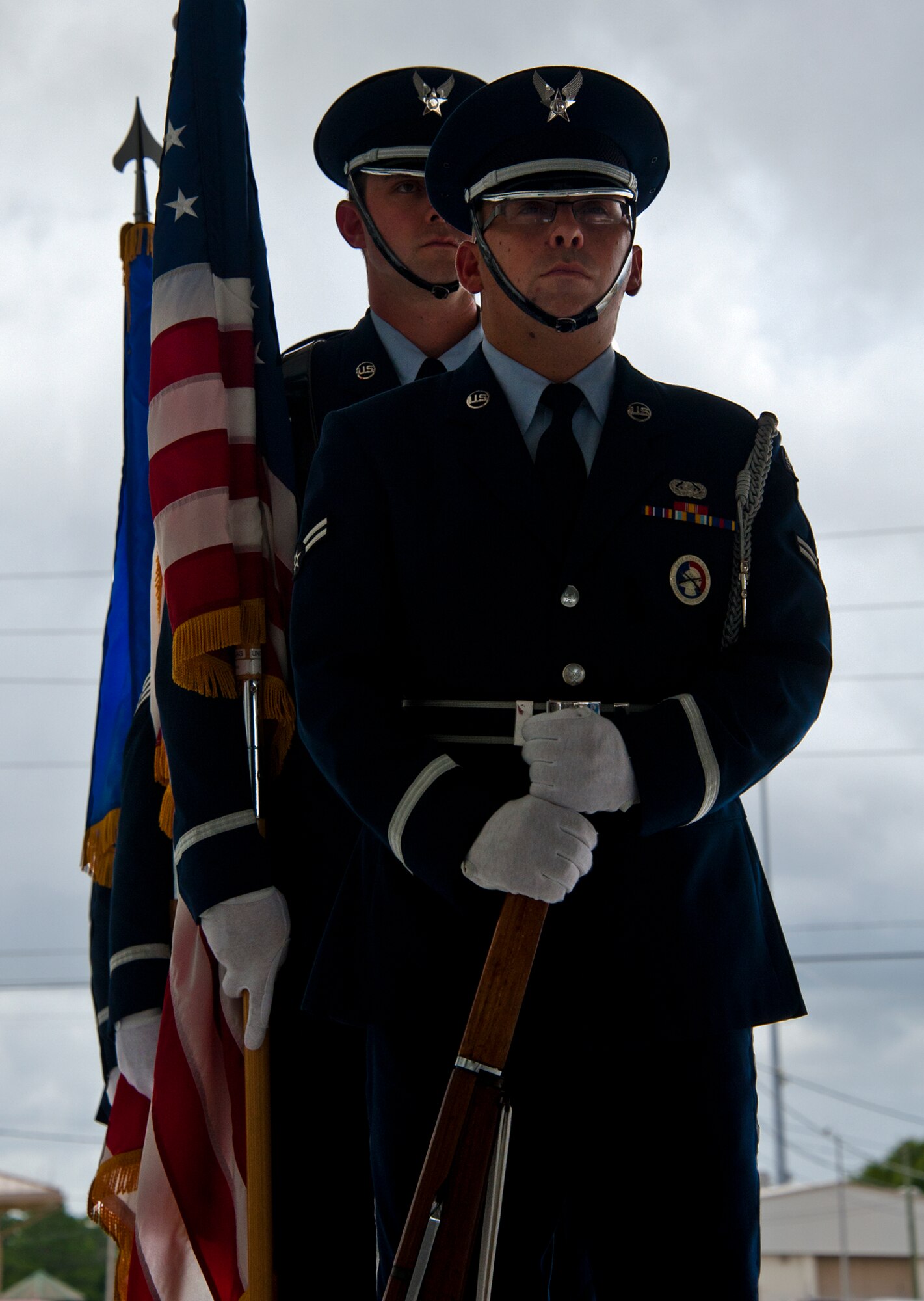 Eglin honor guard stands ready to post the colors at the 33rd Maintenance Group change of command ceremony July 22 at Eglin Air Force Base, Fla.  Col. Mark Fluker took command of the group from Marine Col. Laura Sampsel.  (U.S. Air Force photo/Samuel King Jr.)