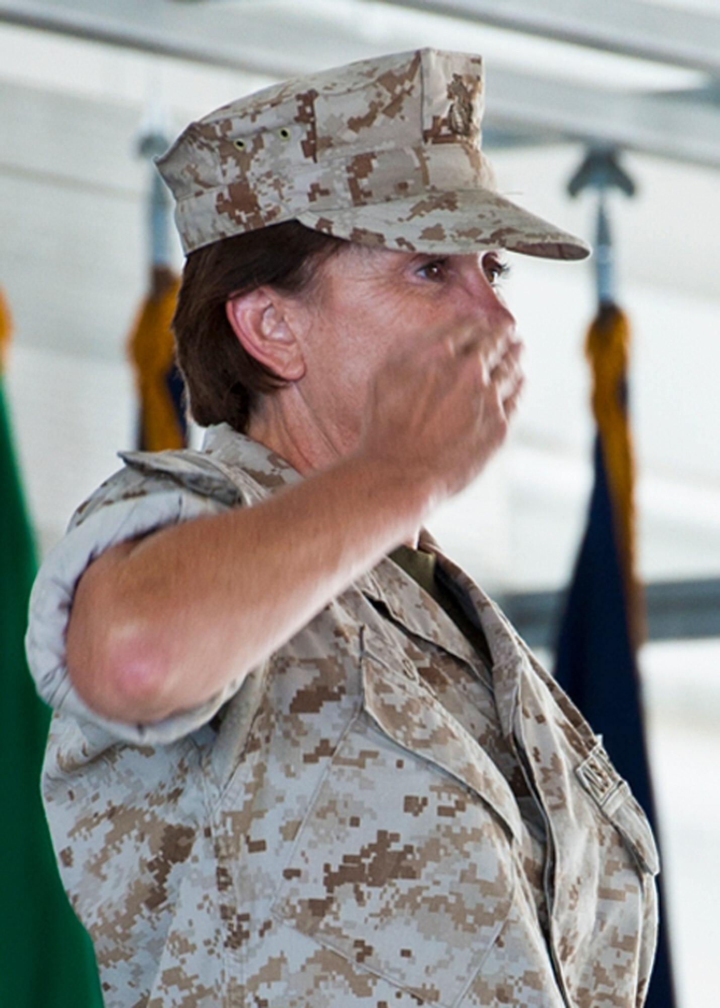 Marine Col. Laura Sampsel gives her final salute to her squadrons during the 33rd Maintenance Group change of command ceremony July 22 at Eglin Air Force Base, Fla.  Col. Mark Fluker took command of the group from Sampsel.  (U.S. Air Force photo/Samuel King Jr.)