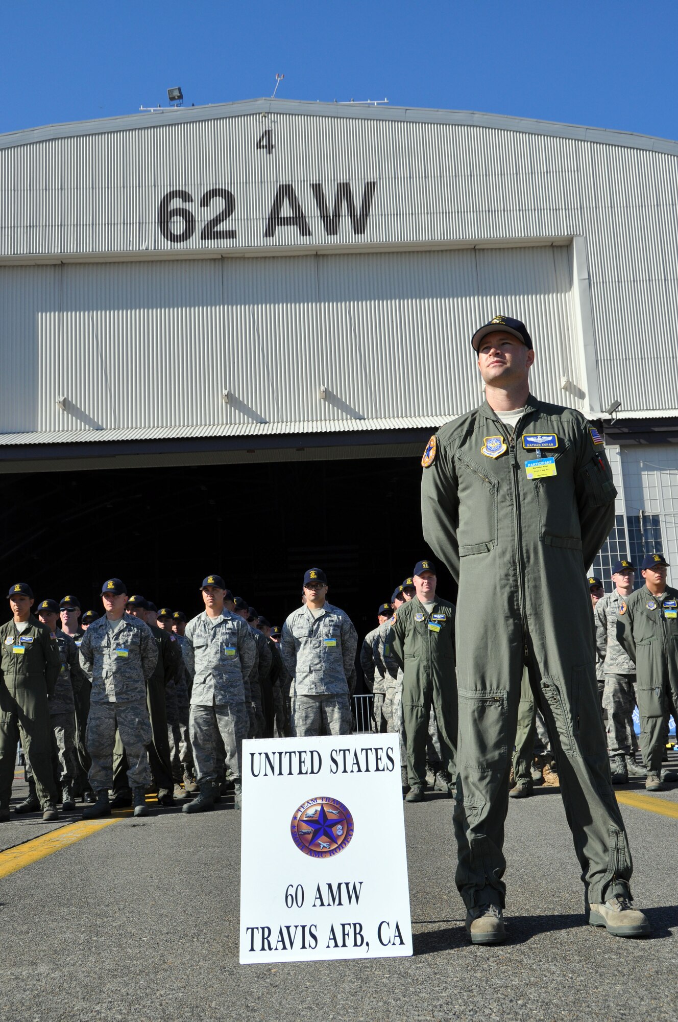 Maj. Nathan Koran, 60th Air Mobility Wing rodeo team lead, prepares the 60th AMW formation for inspection before the opening ceremonies of the Air Mobility Rodeo 2011 July 24, 2011 at Joint Base Lewis-McChord, Wash. (U.S. Air Force photo/ Airman 1st Class Michael Battles)