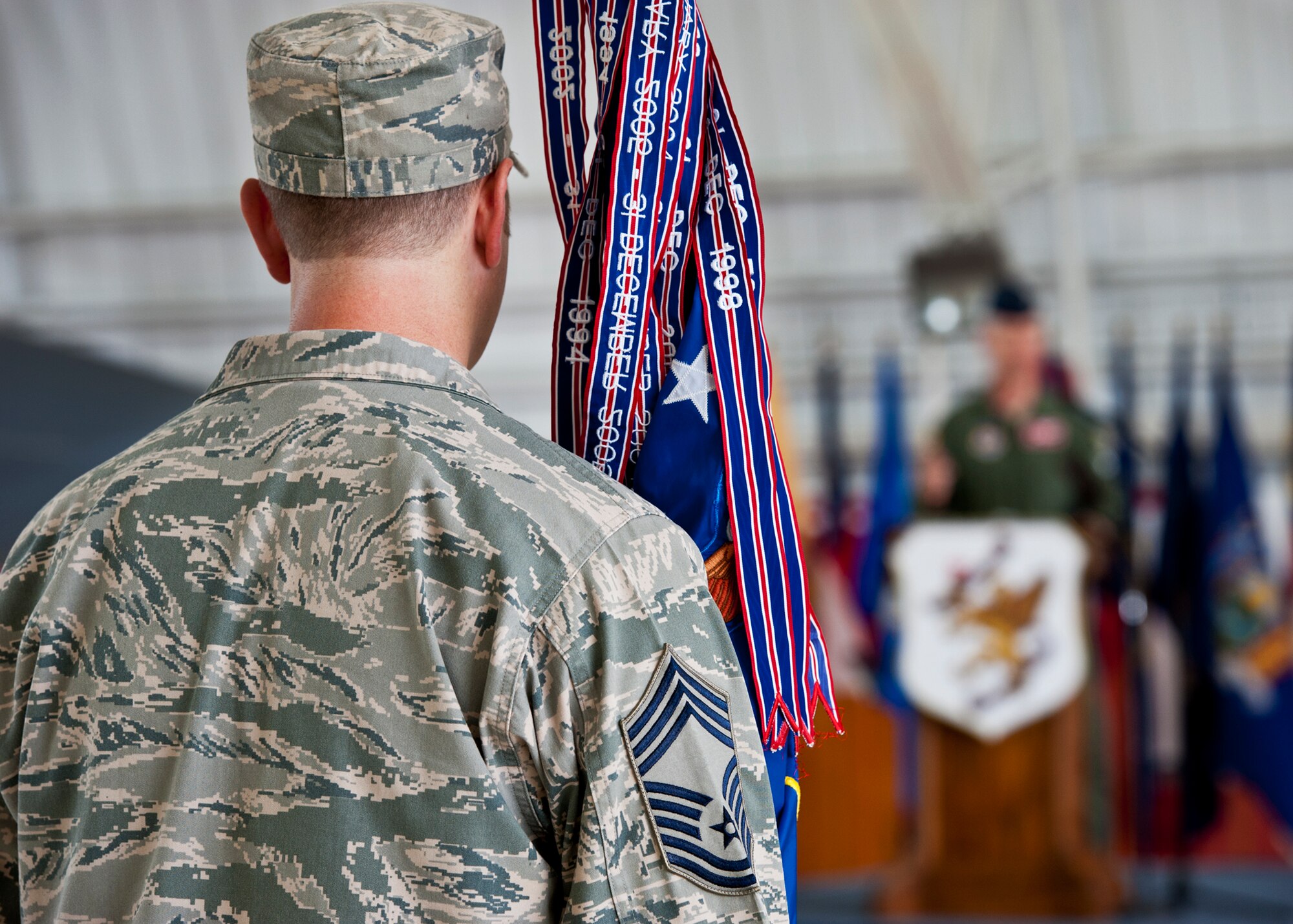 Chief Master Sgt. Robert Boyer, 46th Operations Group, holds the wing guidon as his new commander, Col. Colin Miller, speaks during the wing’s change of command ceremony July 22 at Eglin Air Force Base, Fla.  (U.S. Air Force photo/Samuel King Jr.)