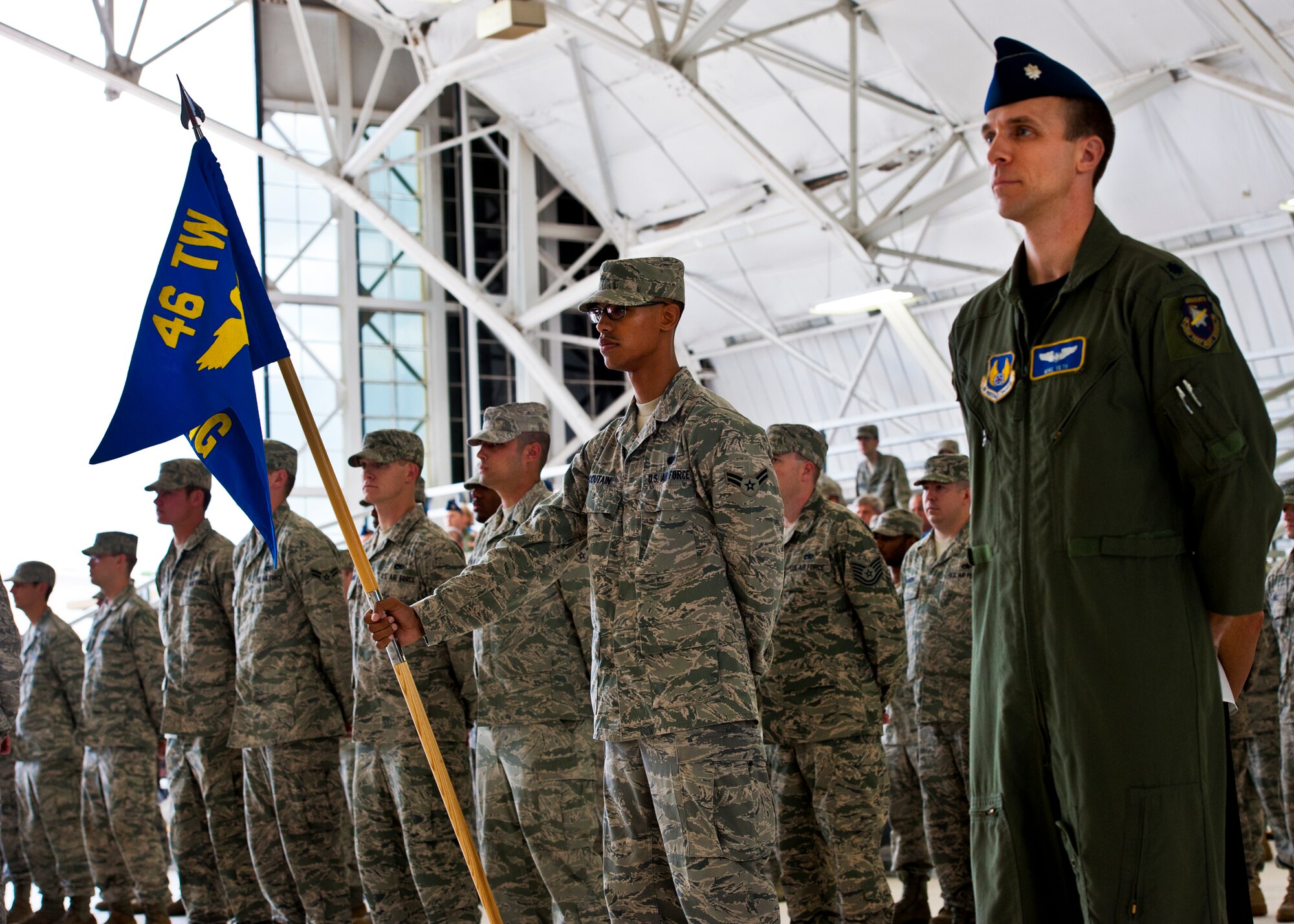 Members of the 46th Test Wing stand at parade rest prior to the wing’s change of command ceremony July 22 at Eglin Air Force Base, Fla.   Col. Colin Miller took command of the wing from Col. Michael Brewer.   (U.S. Air Force photo/Samuel King Jr.)